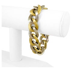 14 Karat Yellow & White Gold Satin Finished Curb Link Bracelet Italy 