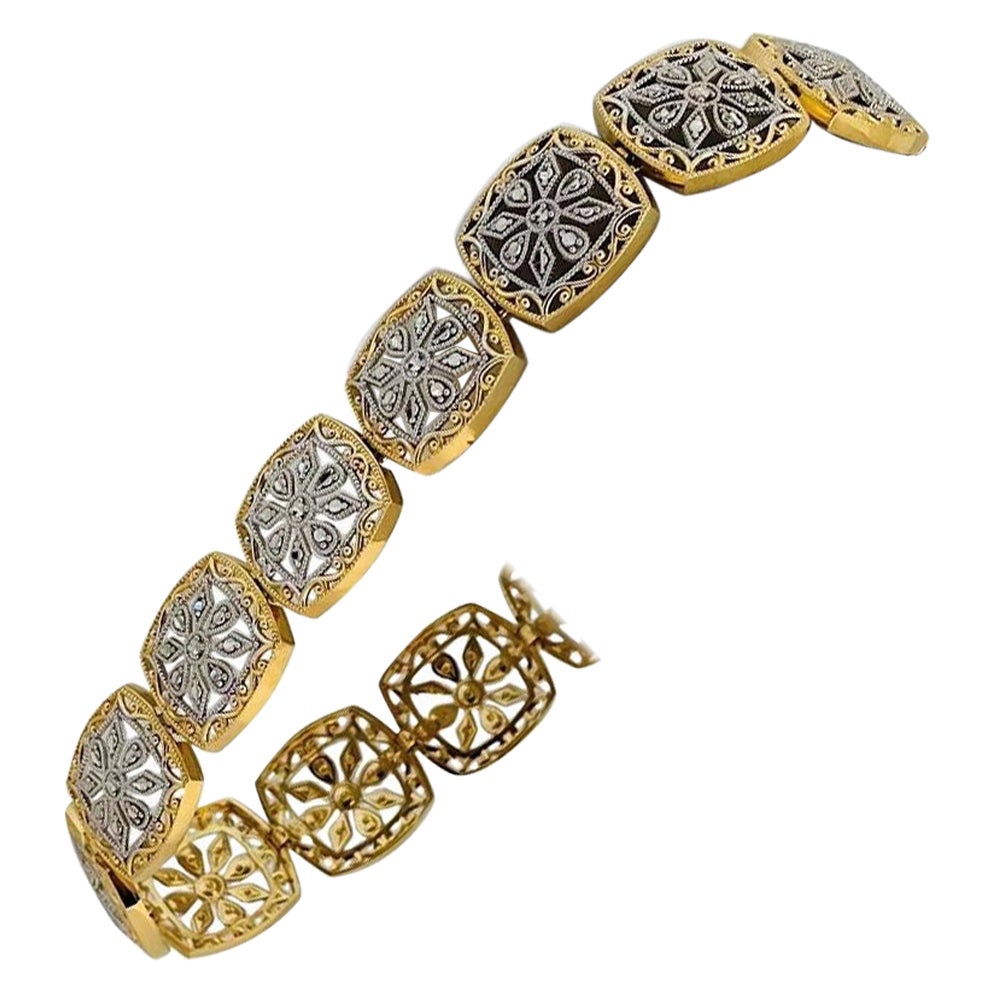 14 Karat Yellow White Gold Two Tone Sparkling Filigree Link Bracelet