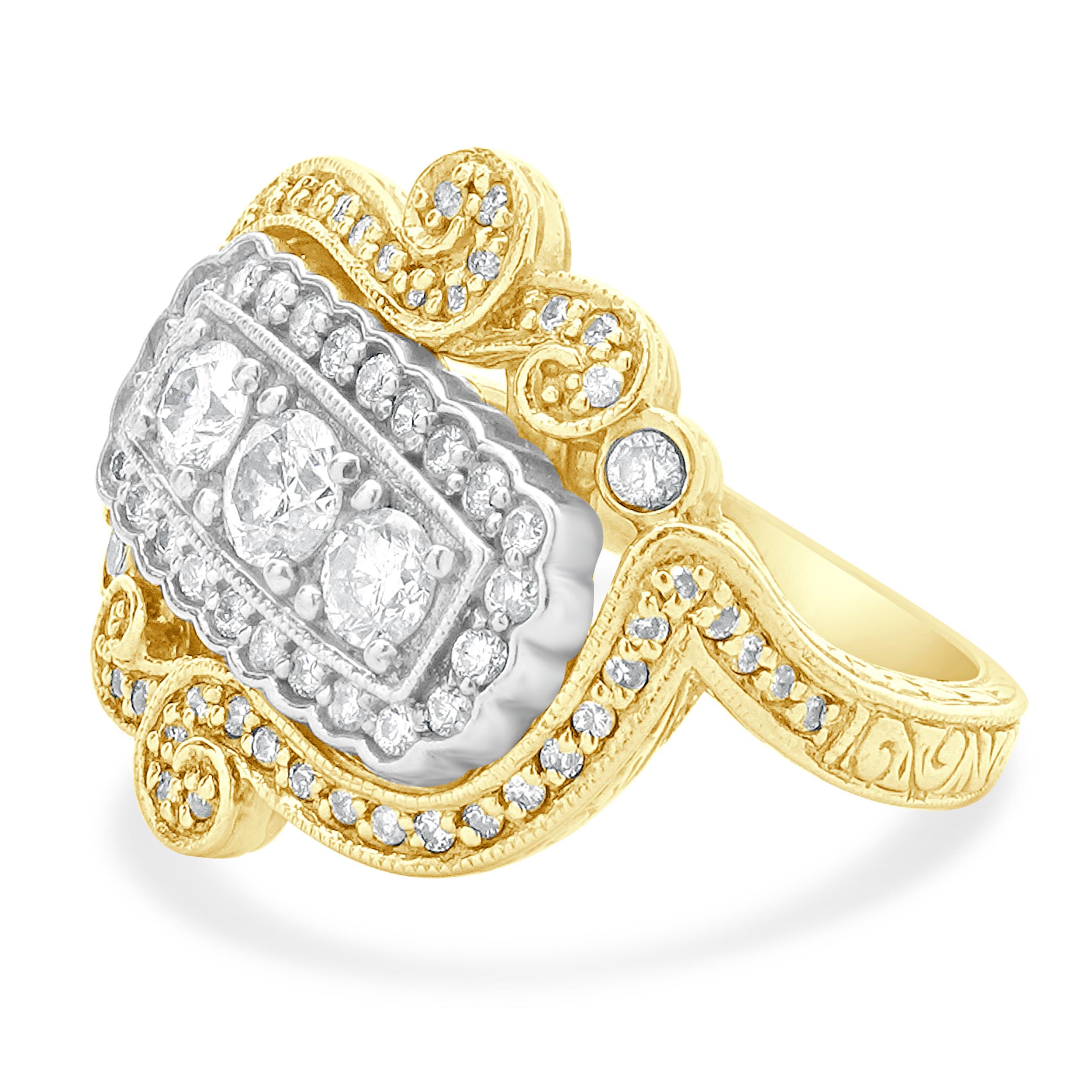 Bague cocktail vintage en or jaune et blanc 14 carats Excellent état - En vente à Scottsdale, AZ