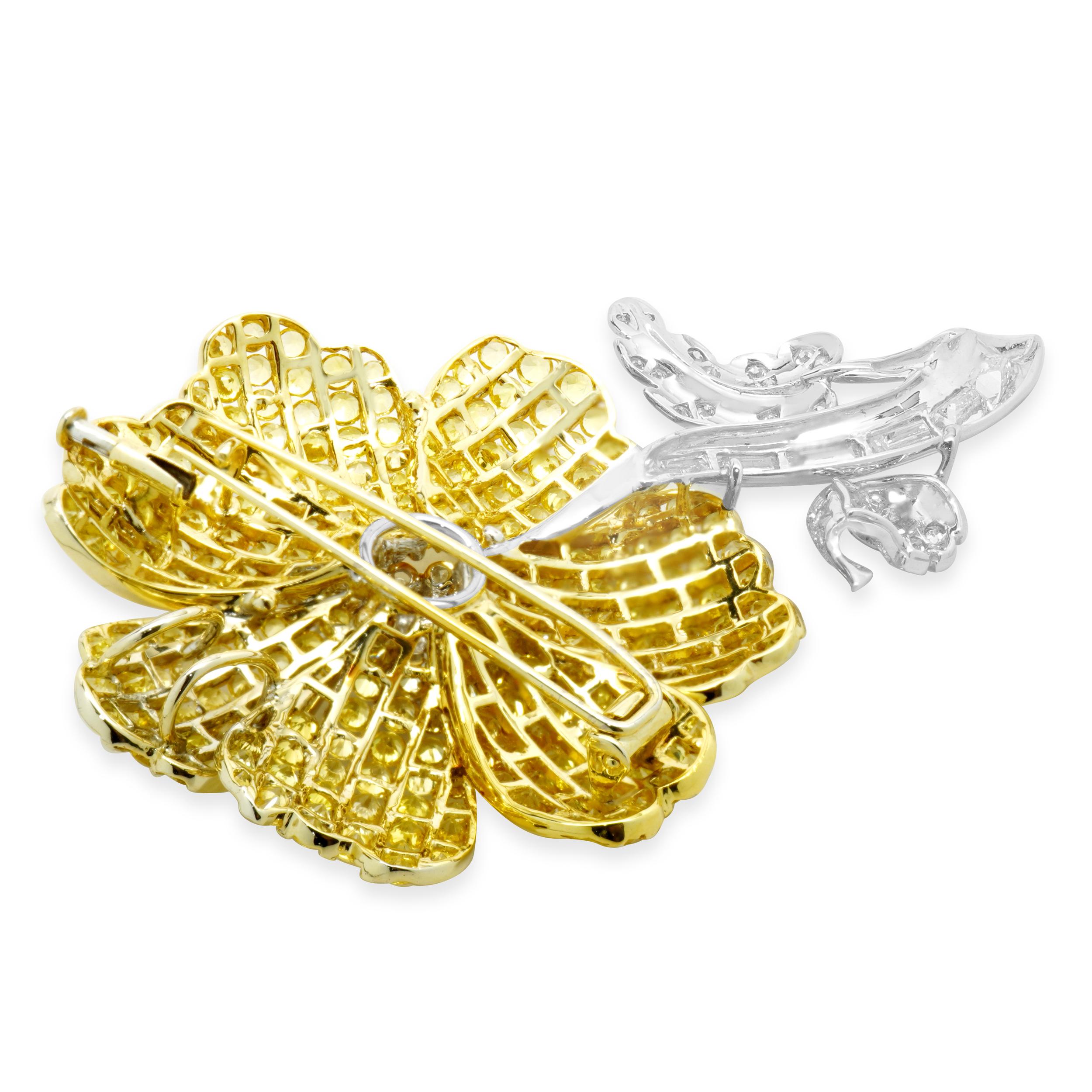 Round Cut 14 Karat Yellow & White Gold Yellow Sapphire and Diamond Flower Pin For Sale