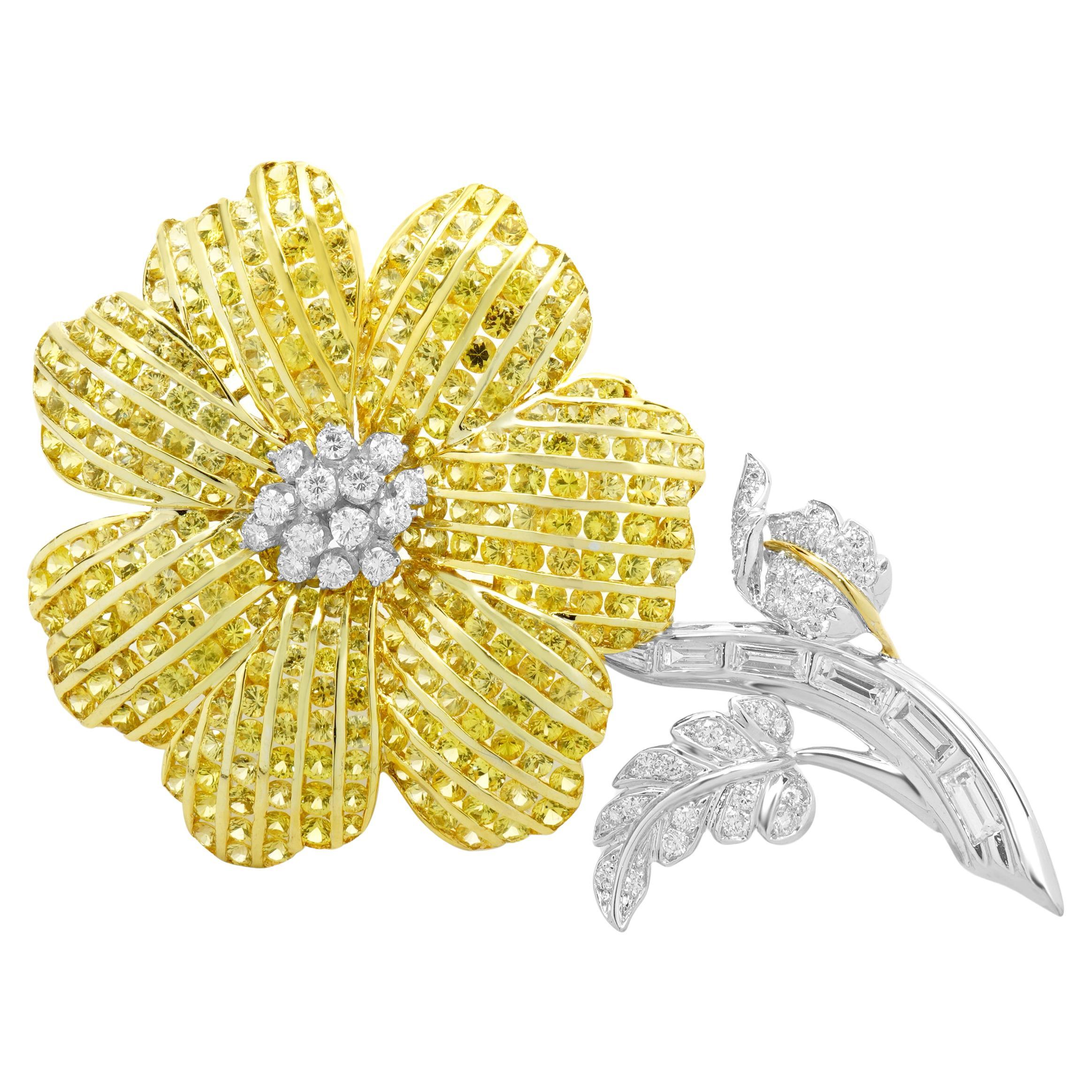 14 Karat Yellow & White Gold Yellow Sapphire and Diamond Flower Pin For Sale