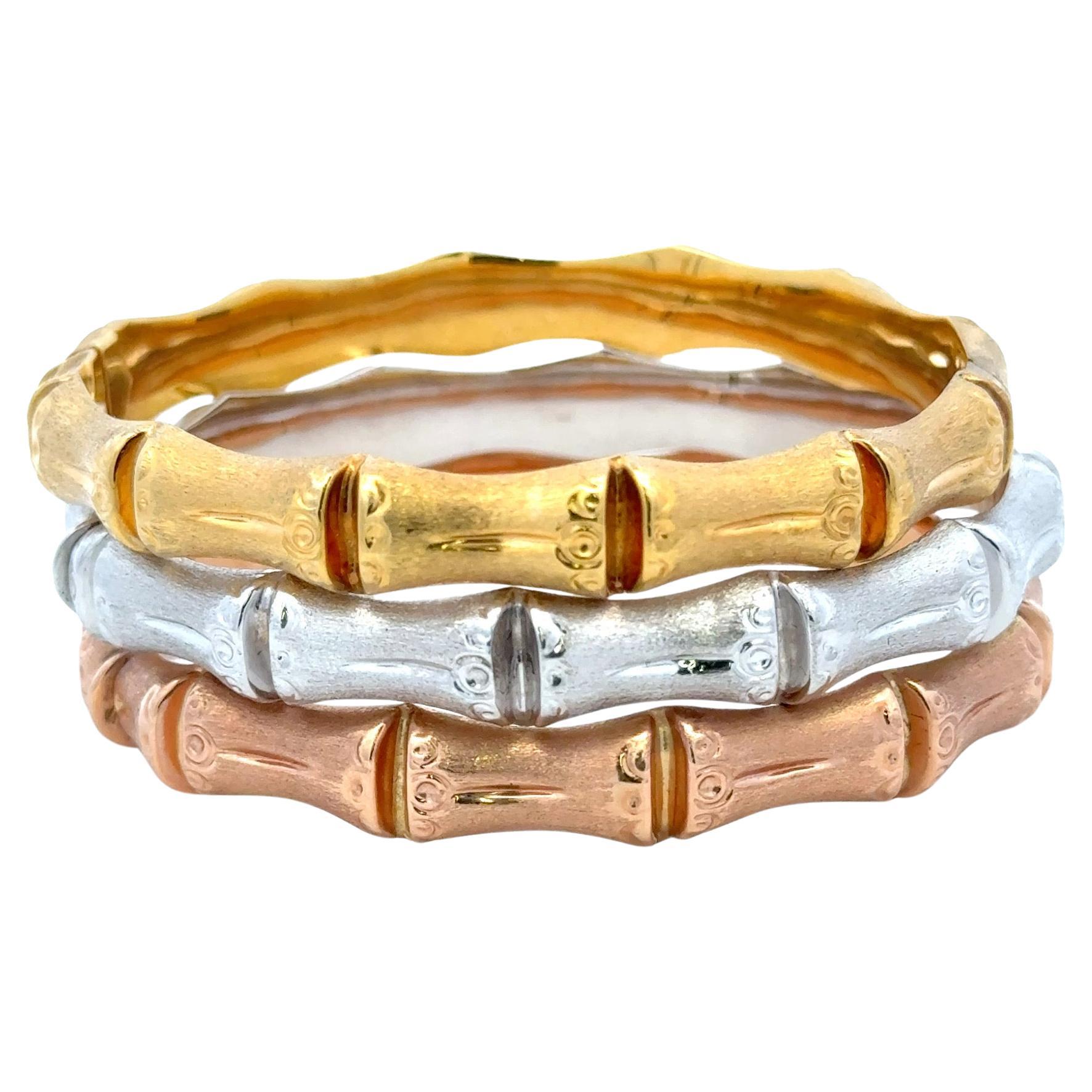 Contemporain Bracelets jonc bambou en or jaune, blanc et rose 14 carats, 36,82 grammes au total en vente