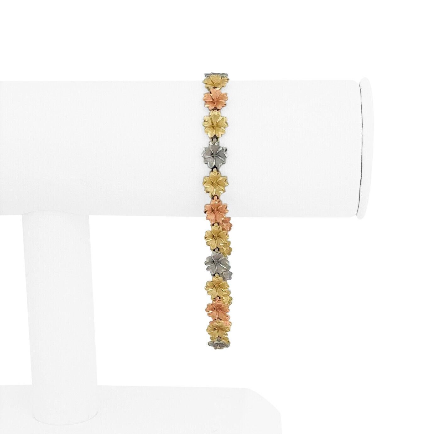 14k Yellow White Rose Gold 7.7g Diamond Cut 7.5mm Floral Link Bracelet 8