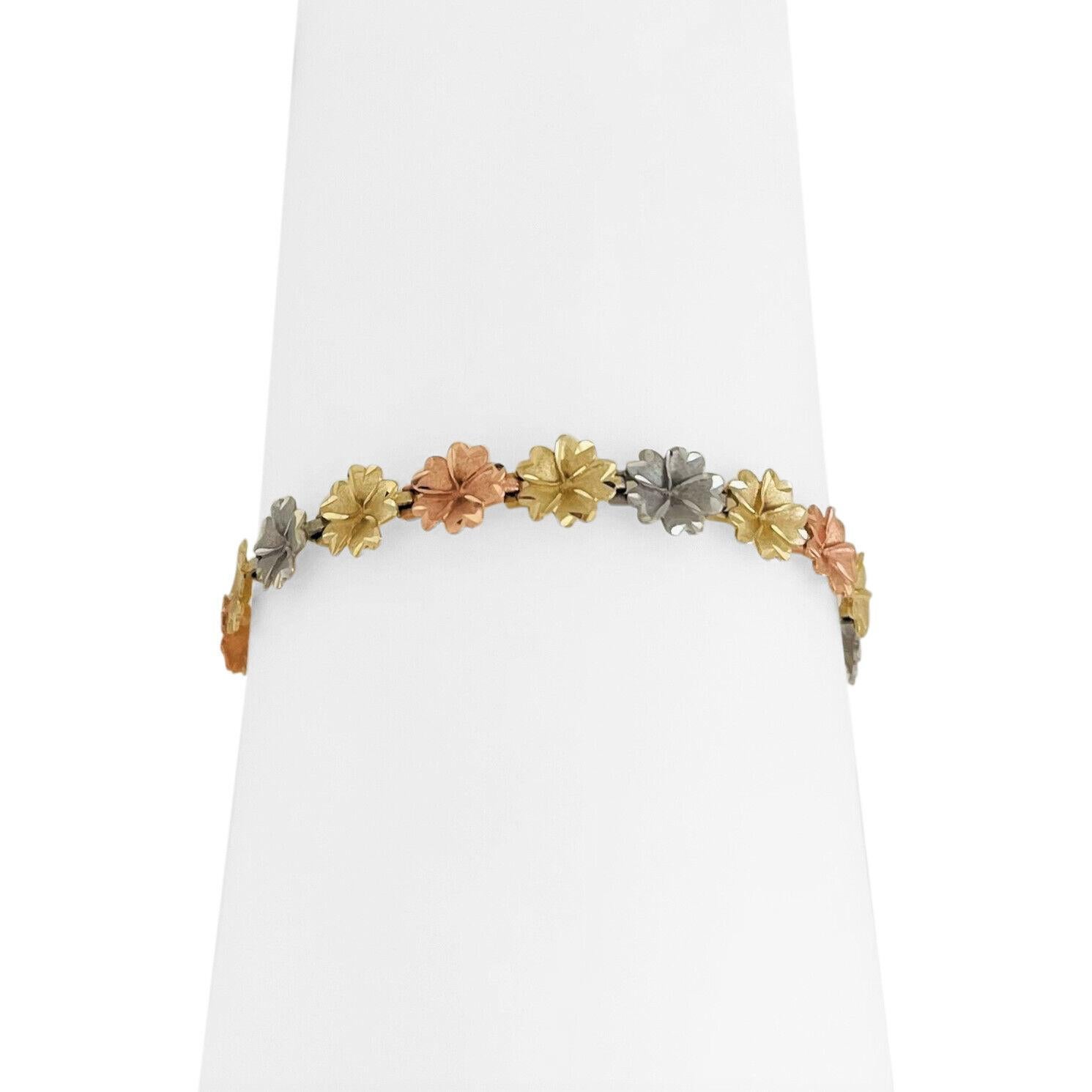 14 Karat Yellow White Rose Gold Diamond Cut Floral Link Bracelet 3
