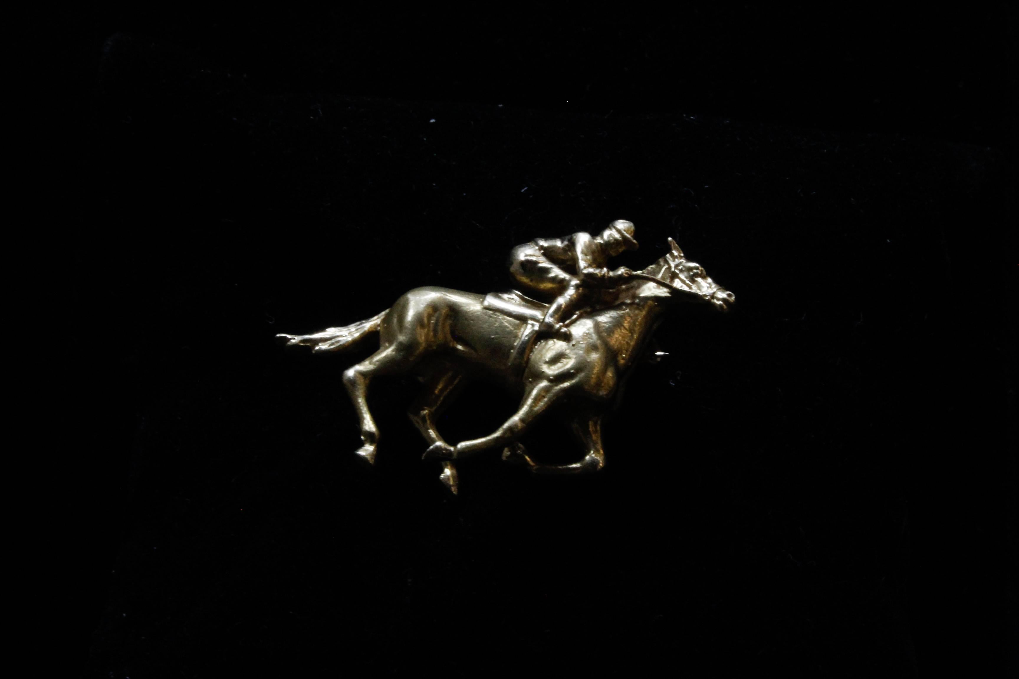 Women's or Men's 14 Karat Yellow Gold Horse and Jockey Brooch/Pin