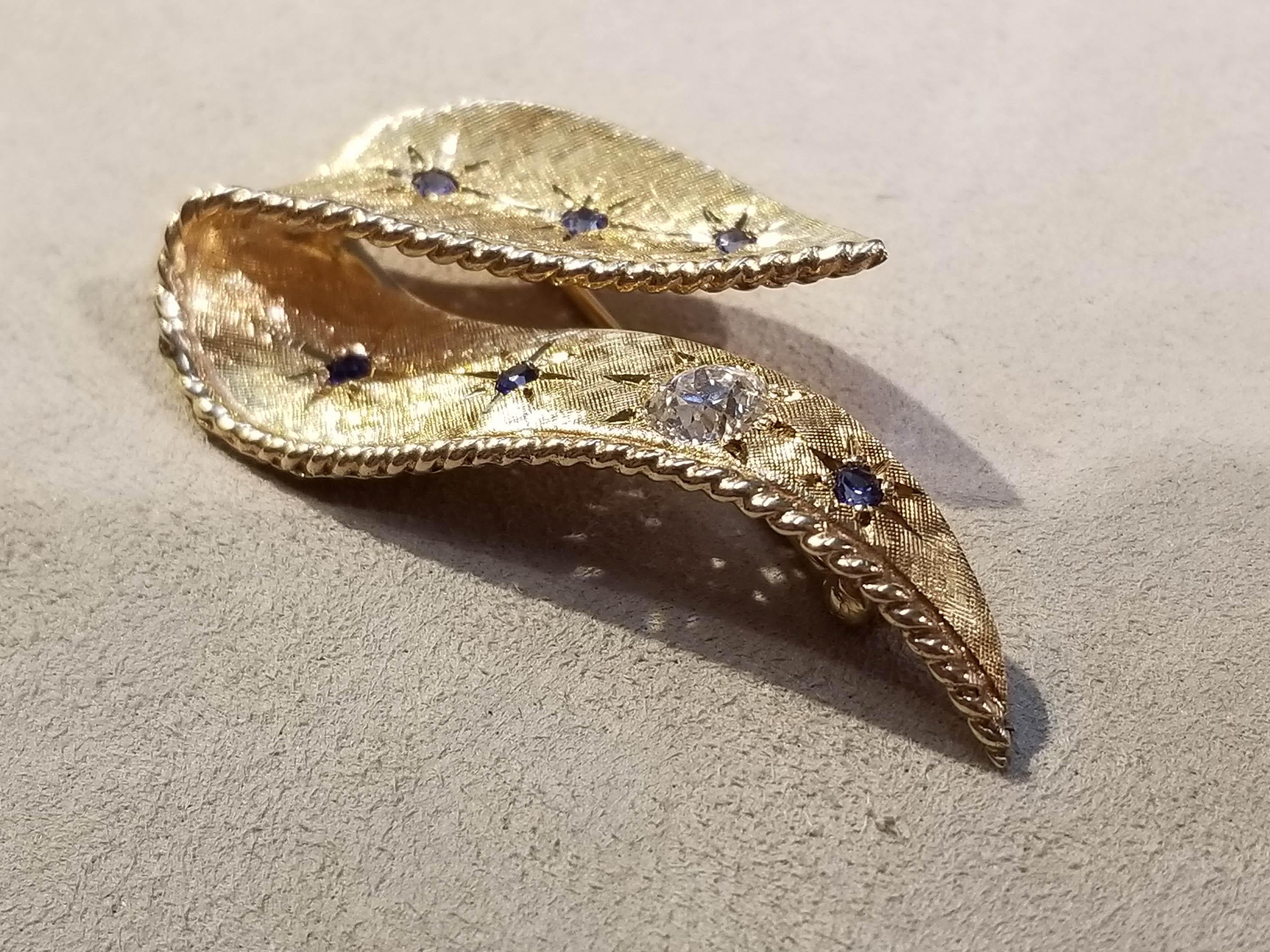14 Karat Yg Sapphire and Diamond Brooch In Excellent Condition For Sale In Santa Fe, NM