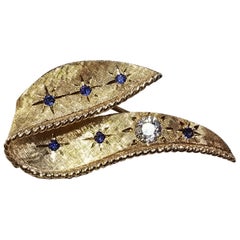 14 Karat Yg Sapphire and Diamond Brooch
