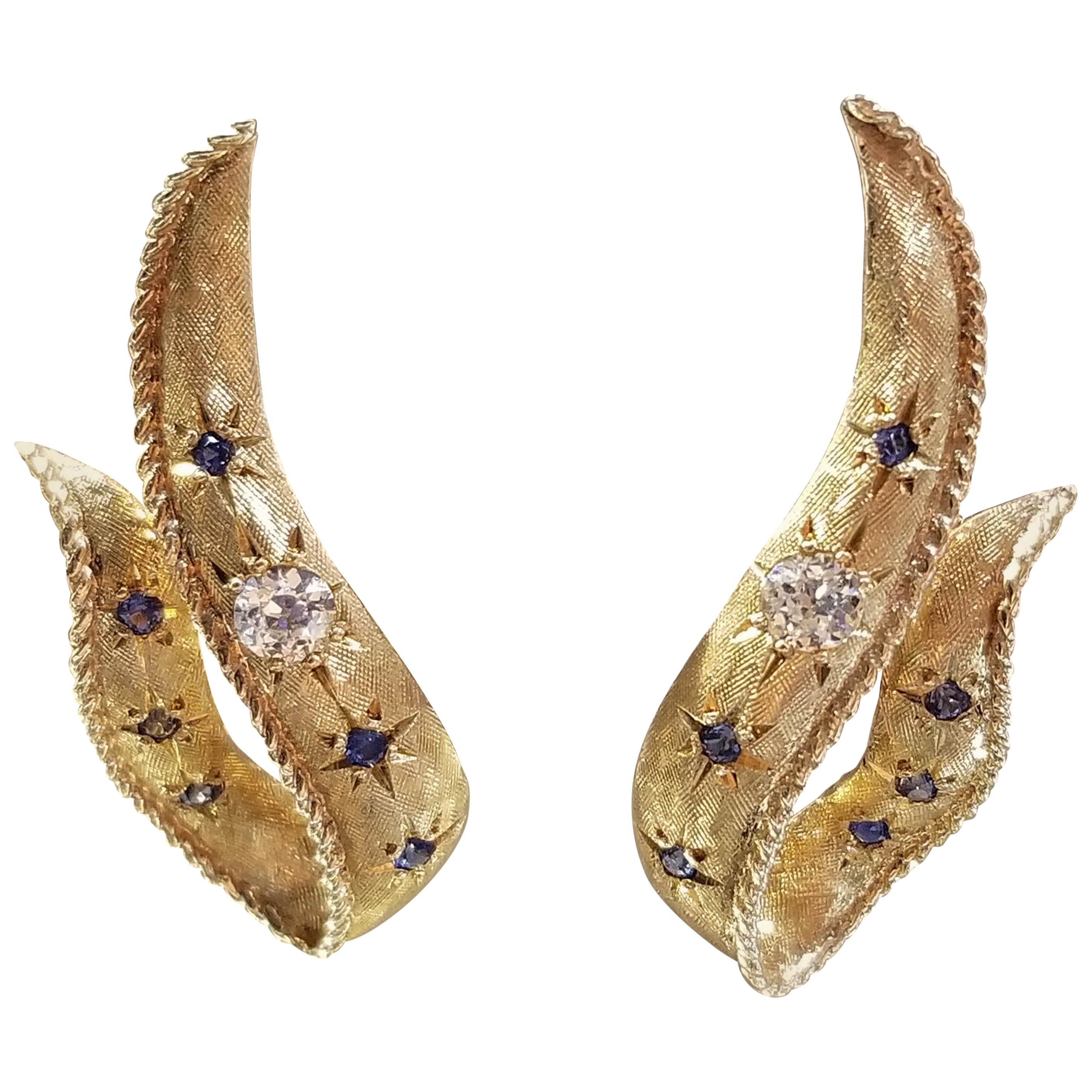 14 Karat Yg Sapphire and Diamond Earrings For Sale