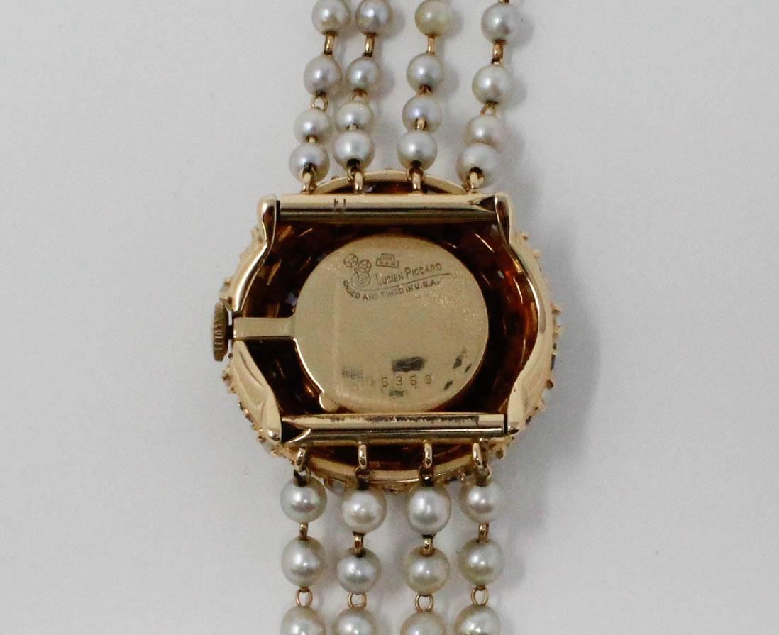 14 Karat Y/G, Sapphire and Pearls Wristwatch by Lucian Piccard For Sale 3