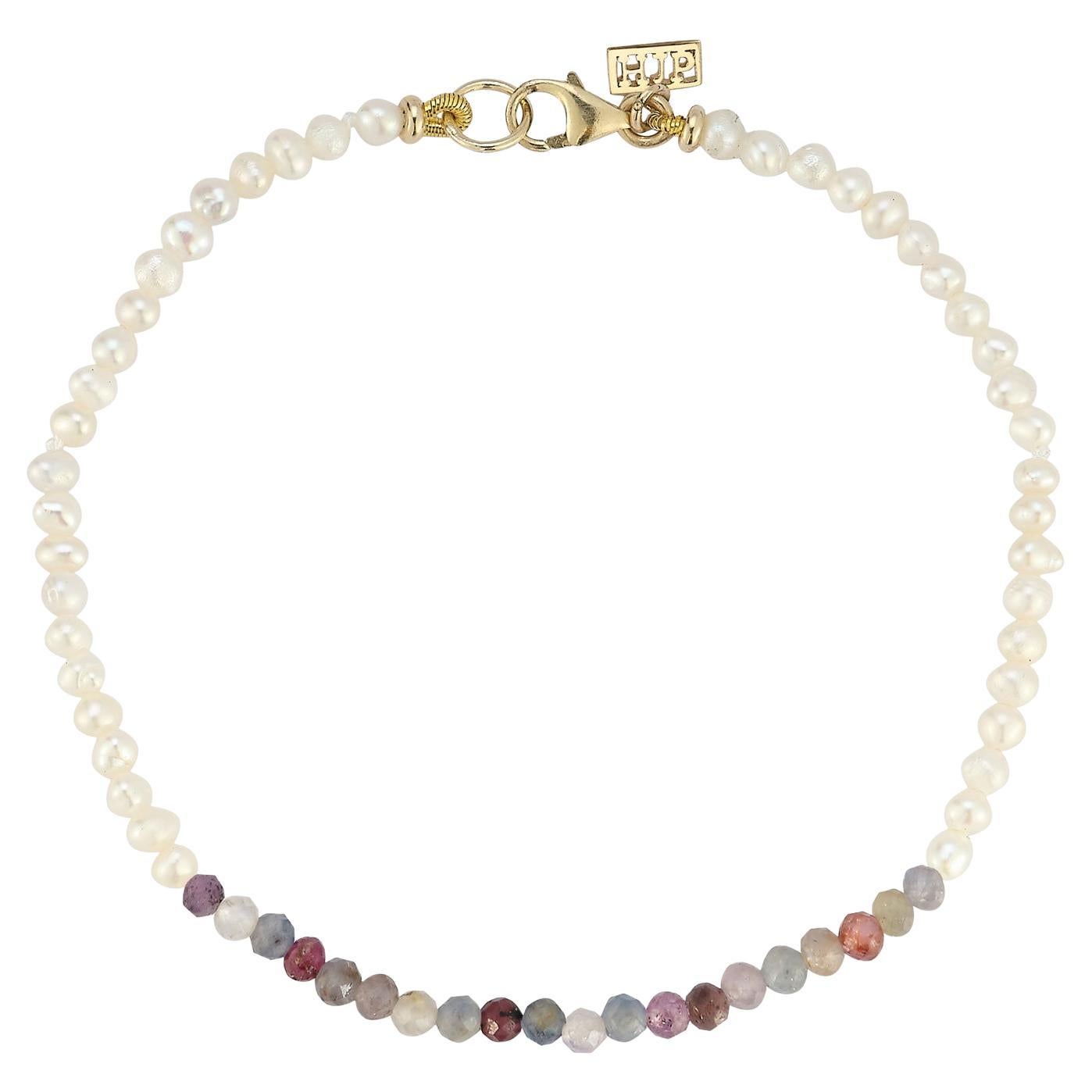 14 karate yellow gold Seedpearl bracelet with multi-sapphire and ruby