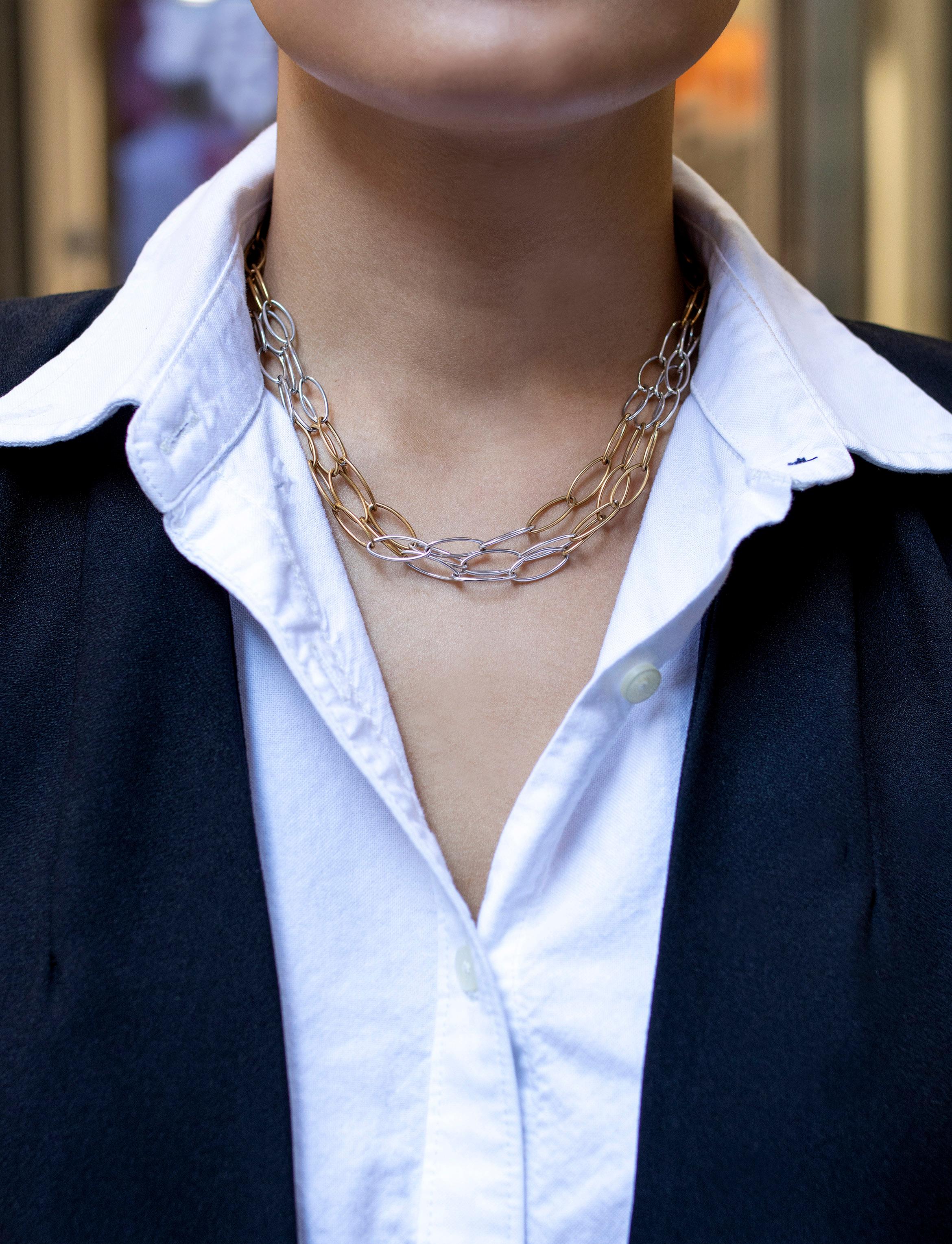 Chaîne collier à trois maillons en or bicolore 14 carats Bon état - En vente à New York, NY