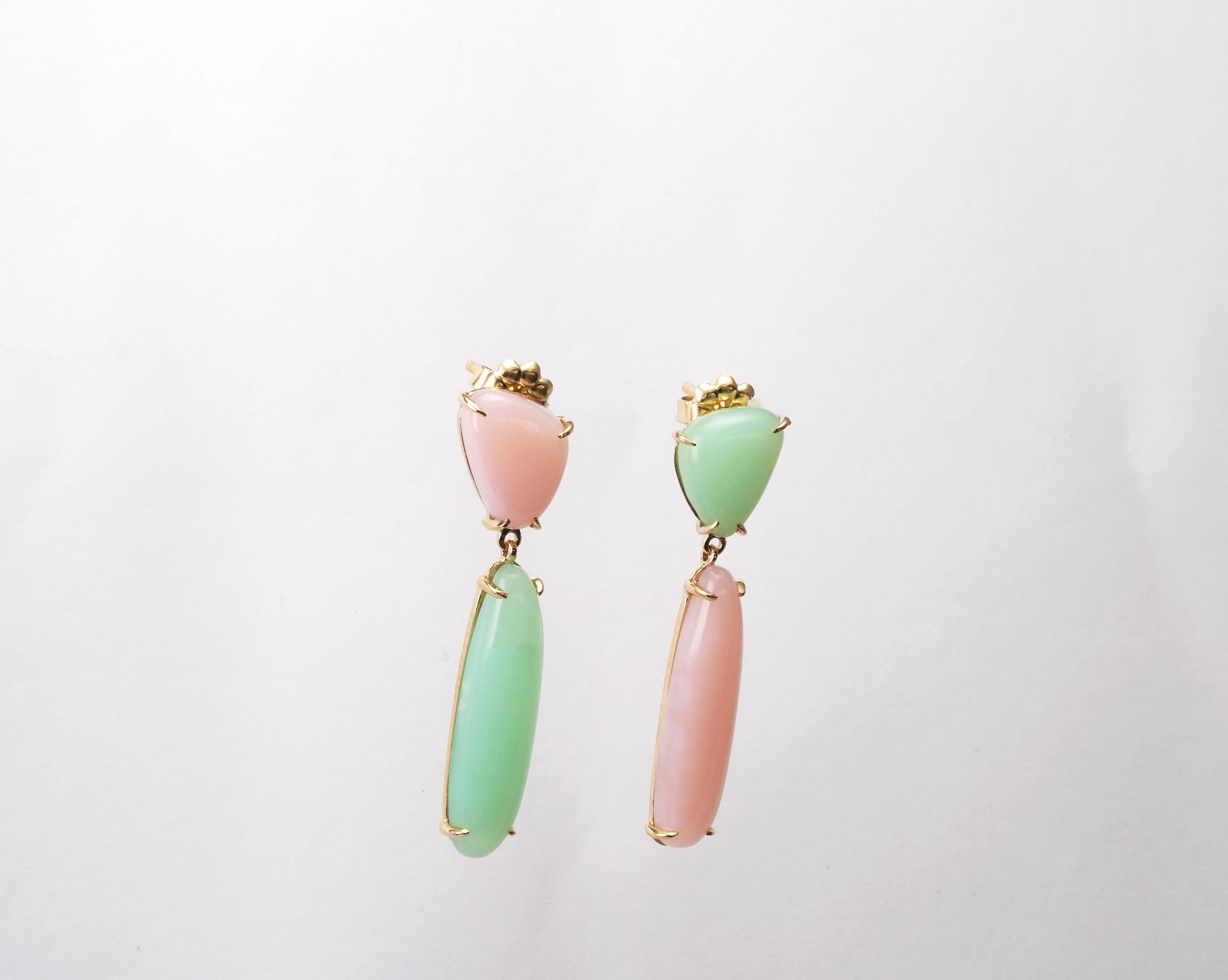 Modern 14 kt Chrysopal and Rose Opal Earrings For Sale