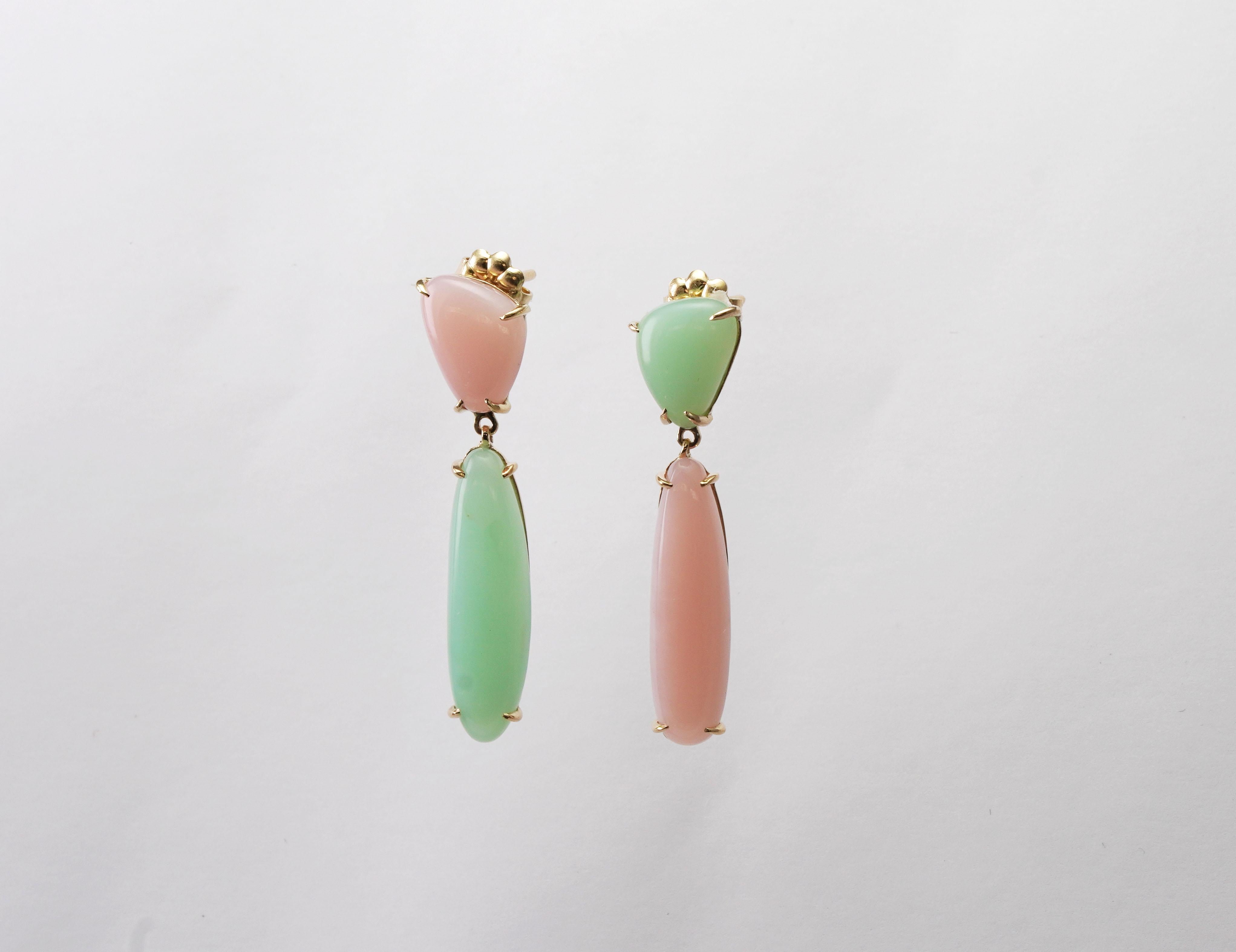 Cabochon 14 kt Chrysopal and Rose Opal Earrings For Sale