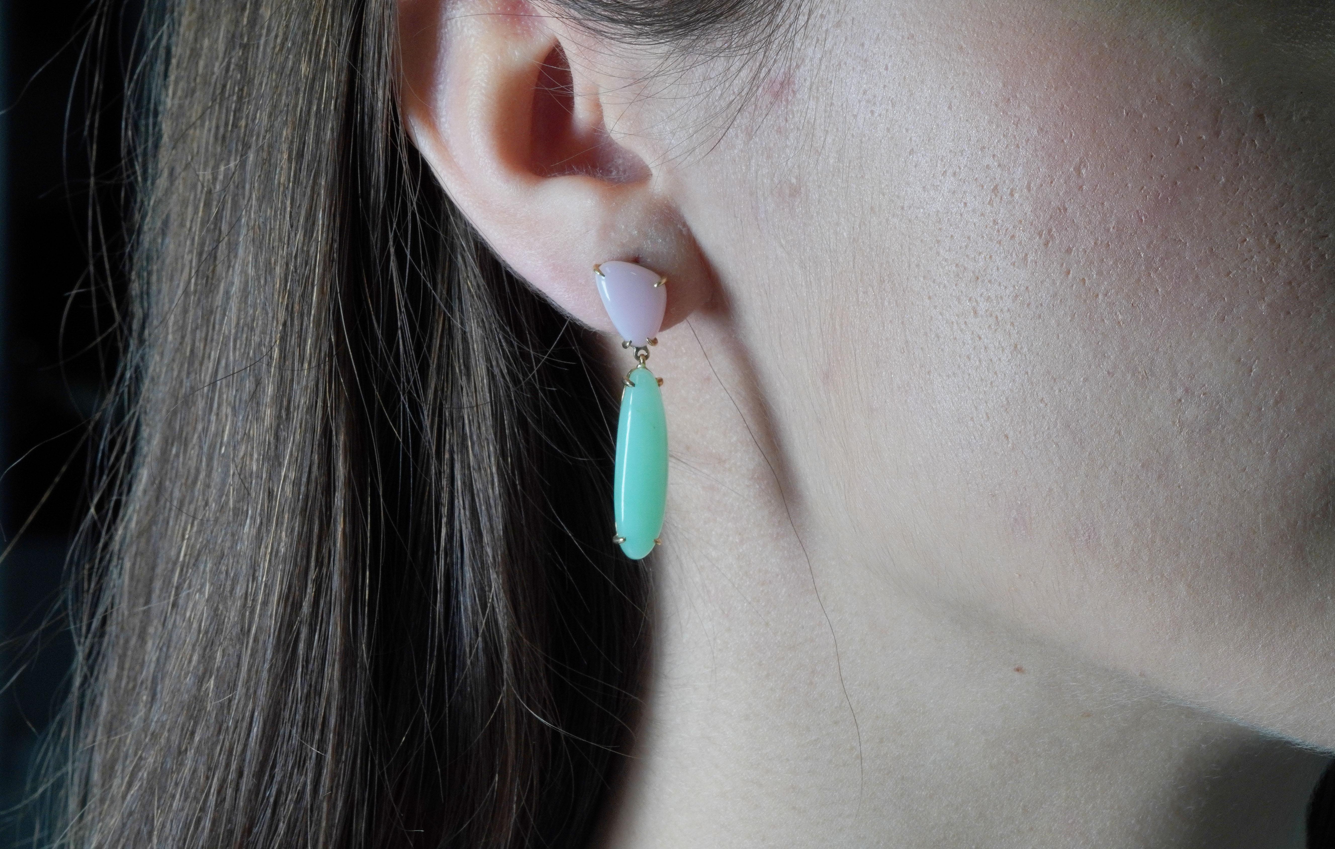 14 kt Chrysopal and Rose Opal Earrings For Sale 1