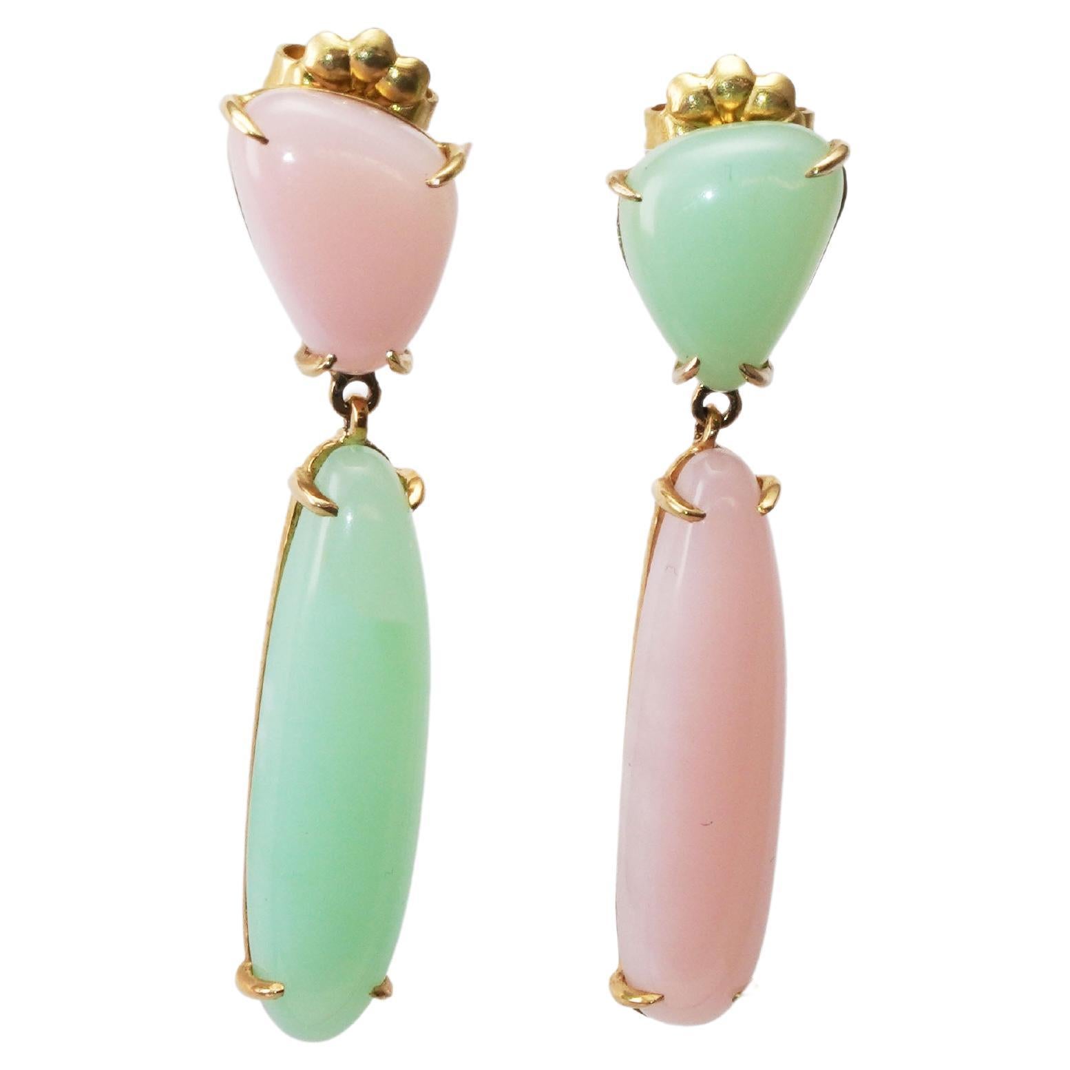 Boucles d'oreilles en chrysopal et opale rose 14 carats en vente