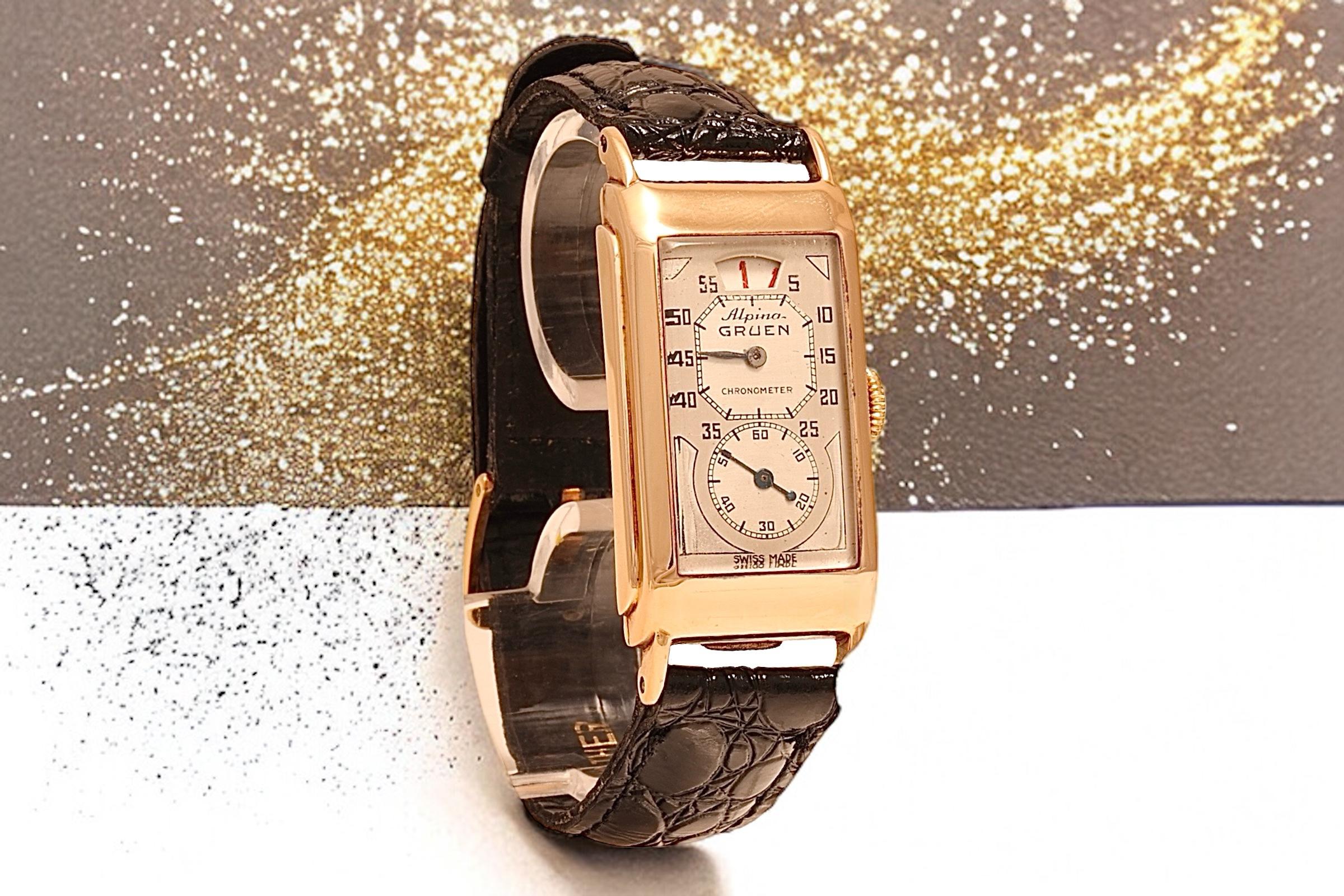 14 Kt Gold Alpina Gruen / Rolex Prince Doctors Jump Hour Wrist Watch For Sale 2