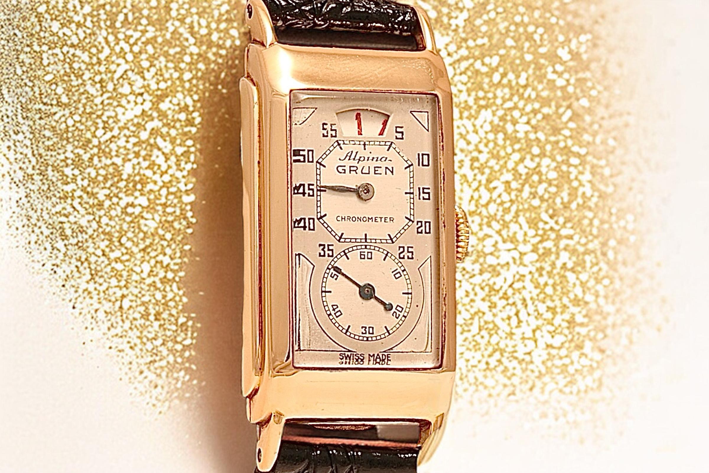 Montre-bracelet en or 14 carats Alpina Gruen / Rolex Prince Doctors Jump Hour en vente 4