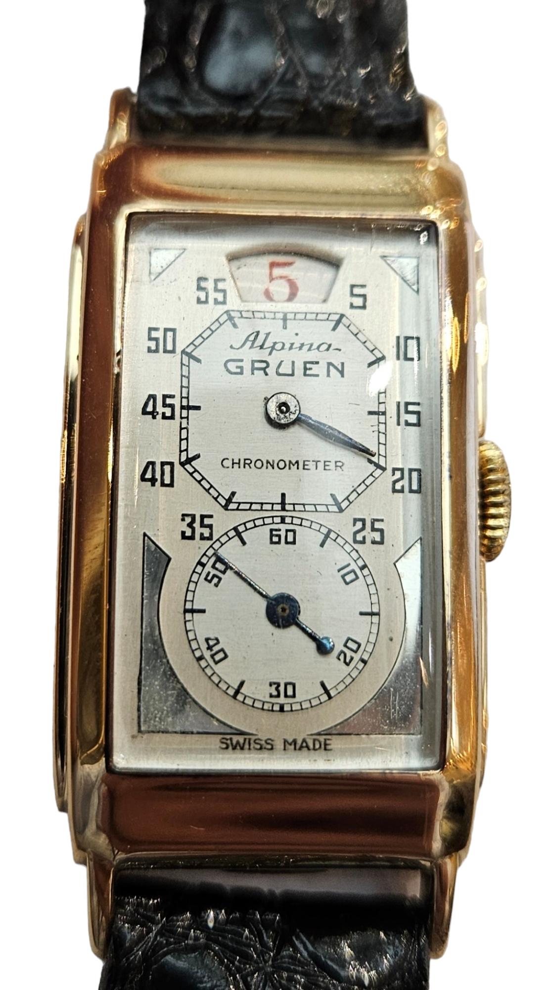 14 Kt Gold Alpina Gruen / Rolex Prince Doctors Jump Hour Wrist Watch For Sale 4