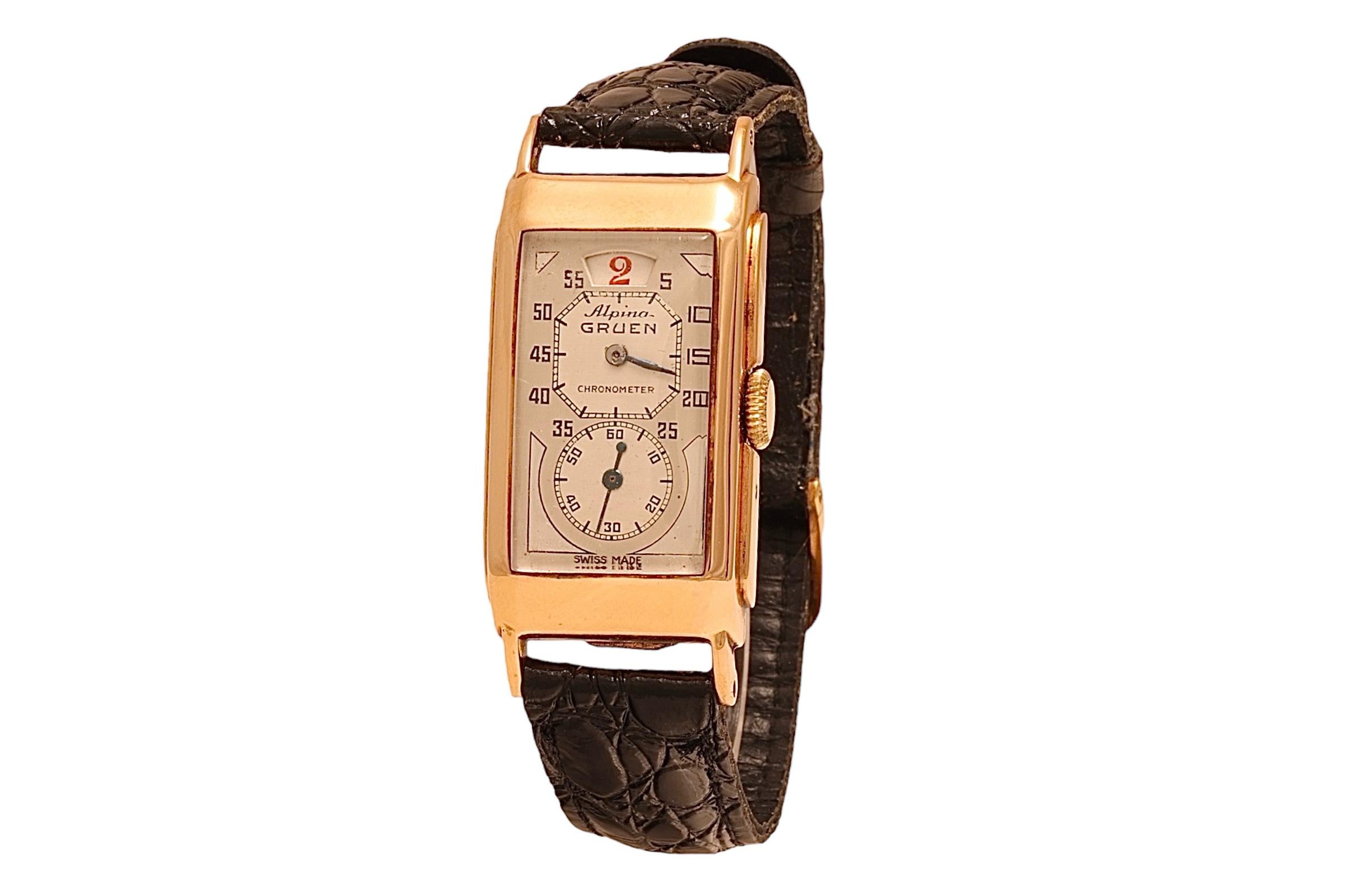 14 Kt Gold Alpina Gruen / Rolex Prince Doctors Jump Hour Wrist Watch

Extremely Rare Collectors  !

Movement : Cal. 877S rectangular-shaped mechanical movement, 17 jewels, Manual Winding Jump Hour.

Case : 14 Kt Gold, 21.7 mm Wide and Length 37 mm