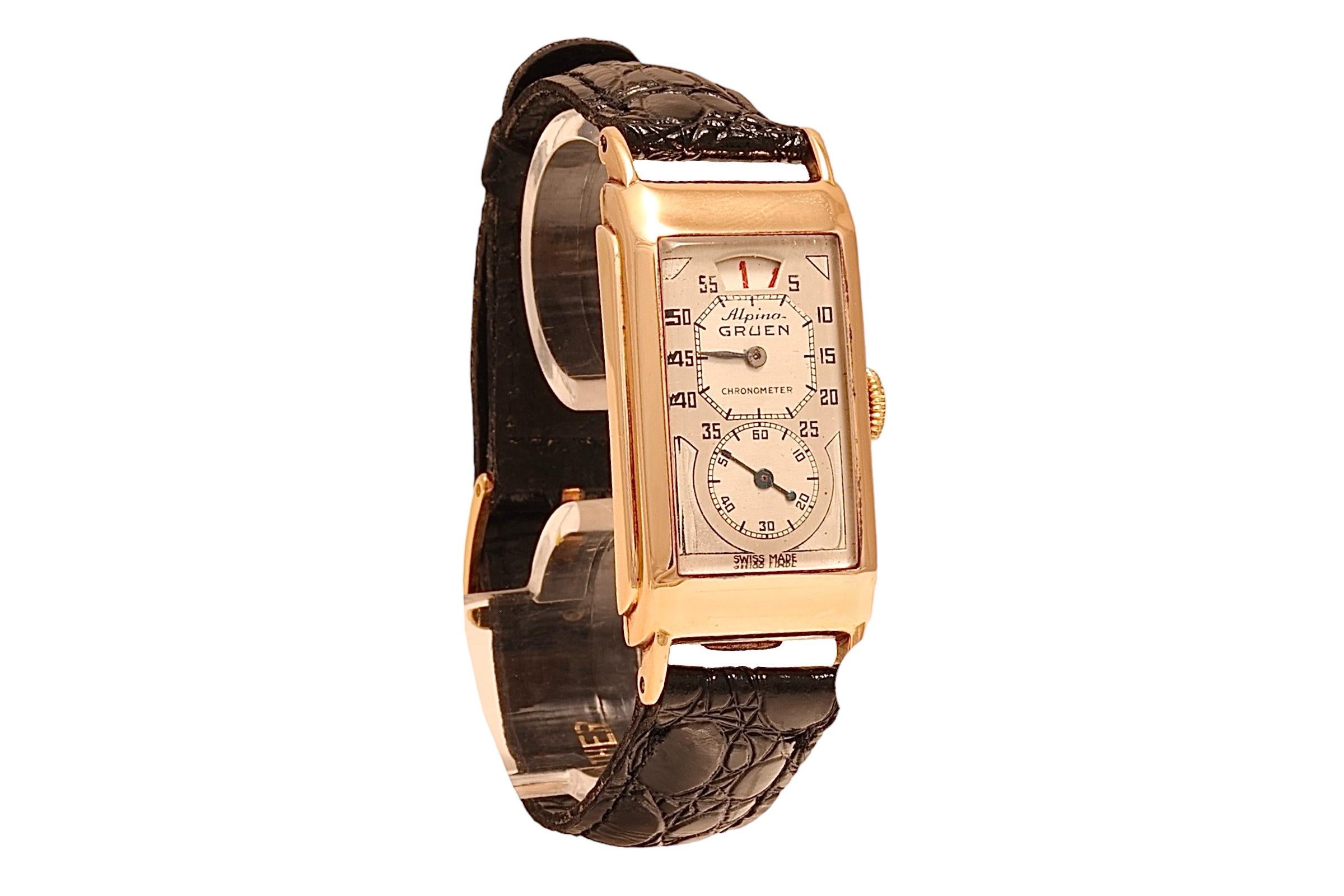 Art déco Montre-bracelet en or 14 carats Alpina Gruen / Rolex Prince Doctors Jump Hour en vente