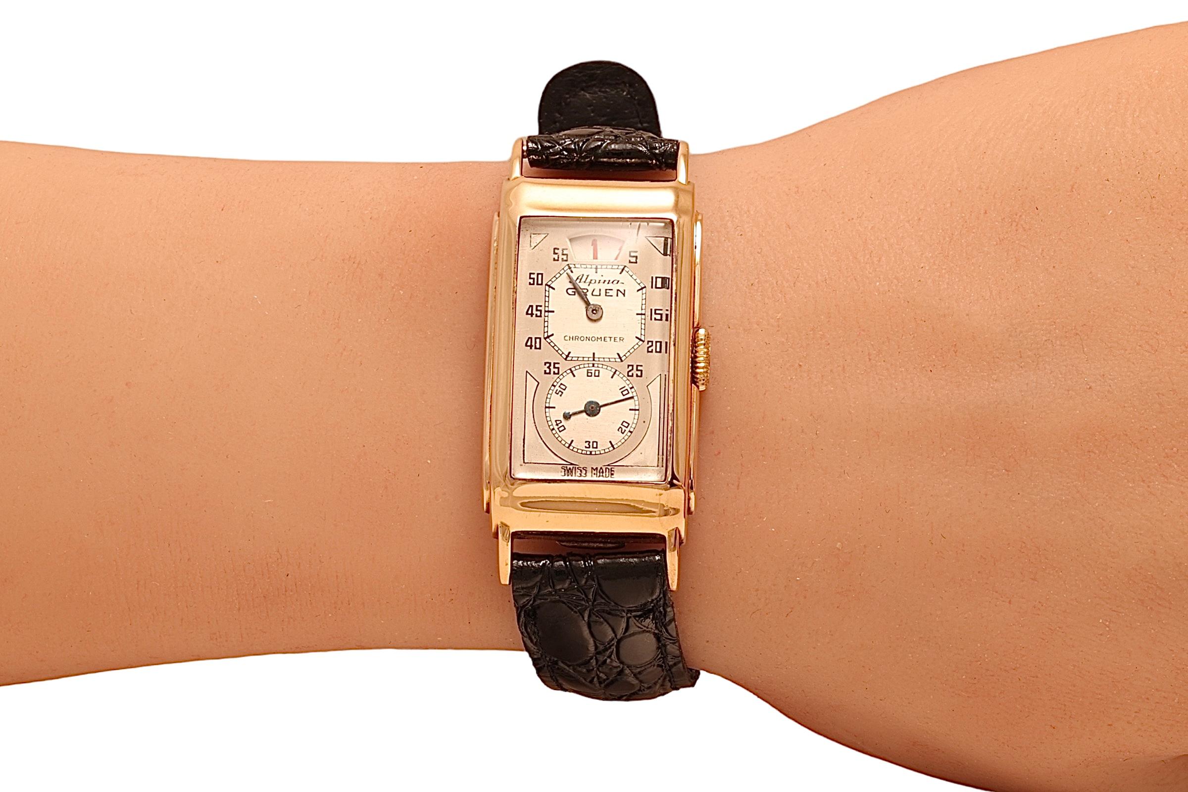 14 Kt Gold Alpina Gruen / Rolex Prince Doctors Jump Hour Wrist Watch For Sale 1