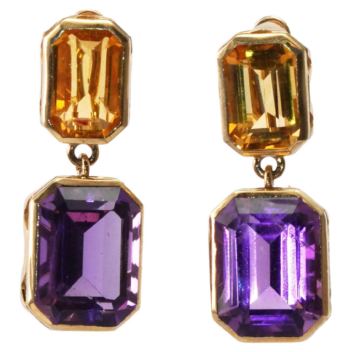 14 kt Gold Amethyst Citrine Earrings For Sale