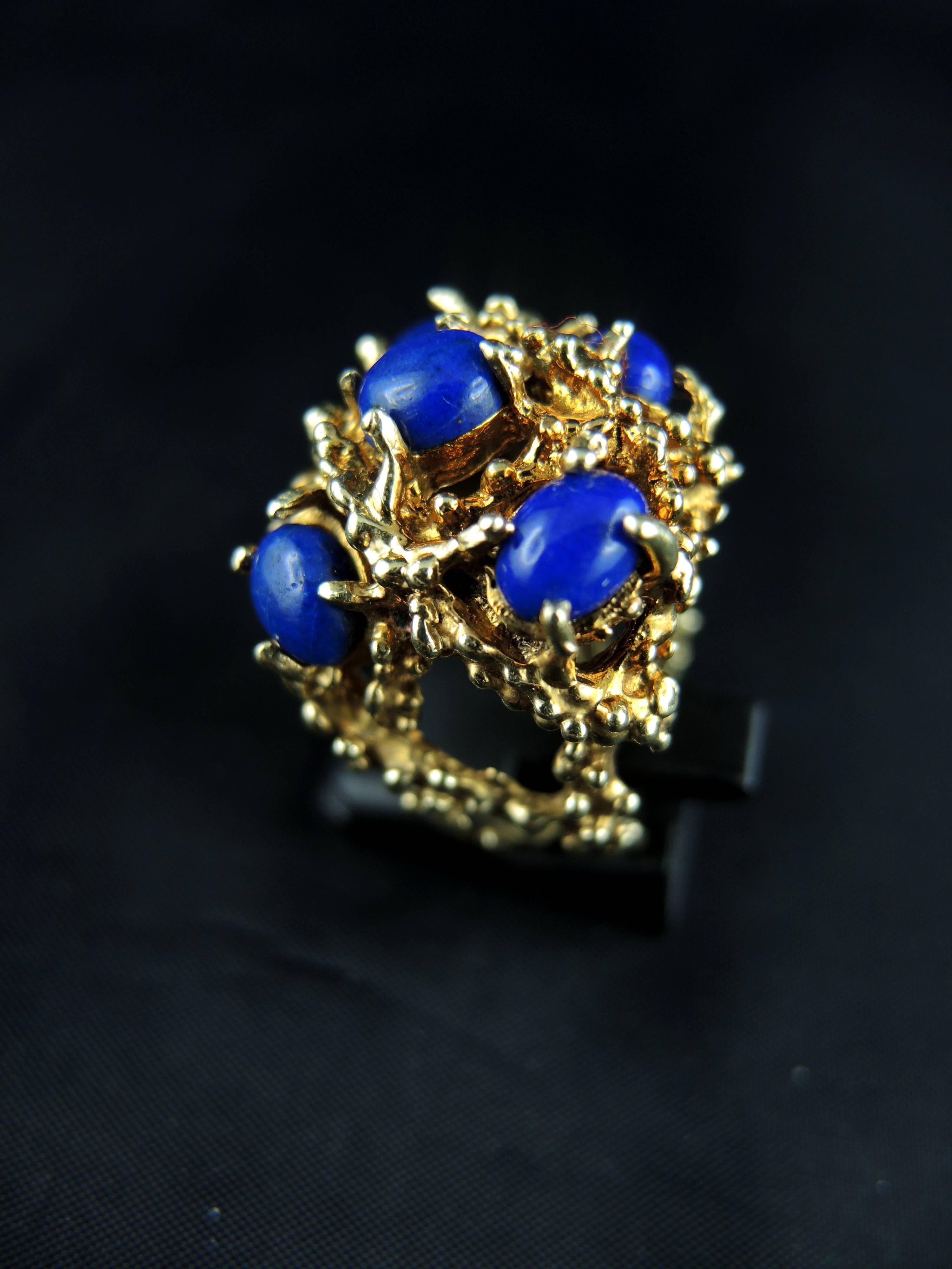 Retro 14 Karat Gold Cocktail Ring Set with Lapis Lazuli, circa 1970