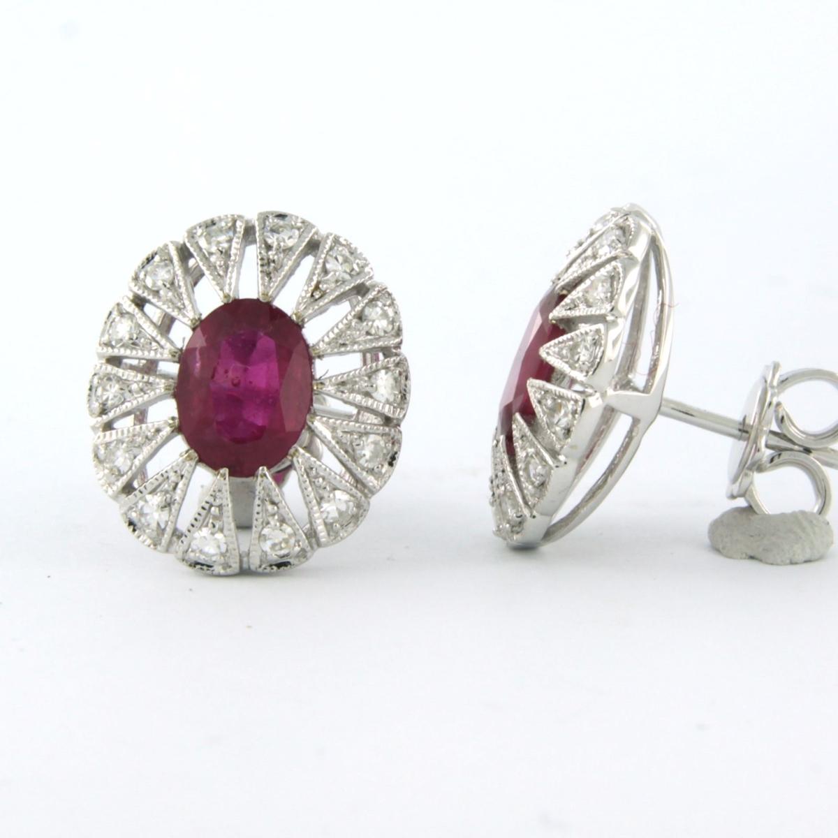 Modern 14 kt gold earrings set with ruby 2.90 carat and single cut diamond total 0.48ct For Sale