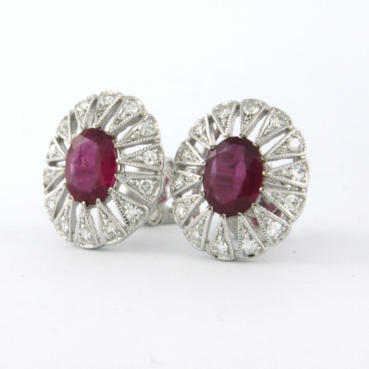 Women's 14 kt gold earrings set with ruby 2.90 carat and single cut diamond total 0.48ct For Sale