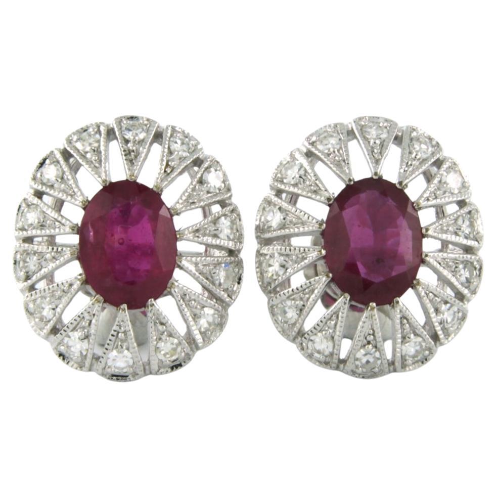 14 kt gold earrings set with ruby 2.90 carat and single cut diamond total 0.48ct For Sale