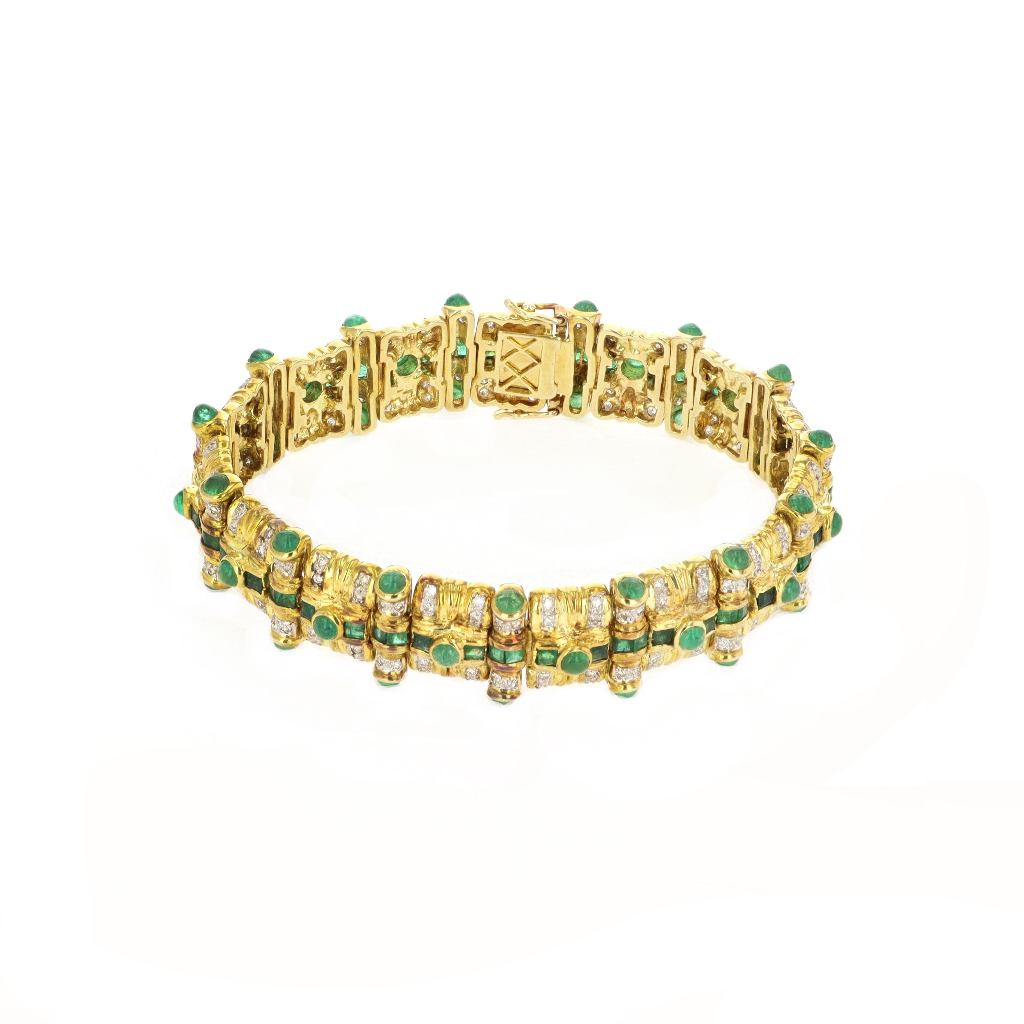 Ladies 14 kt emerald and diamond bracelet.  The bracelet contains 4.00 tcw of cabachon and square cut emeralds and is accentuated by round cut diamonds that weigh approximately 3.00 tcw. The color and clarity of the diamonds is G-H VS. The bracelet