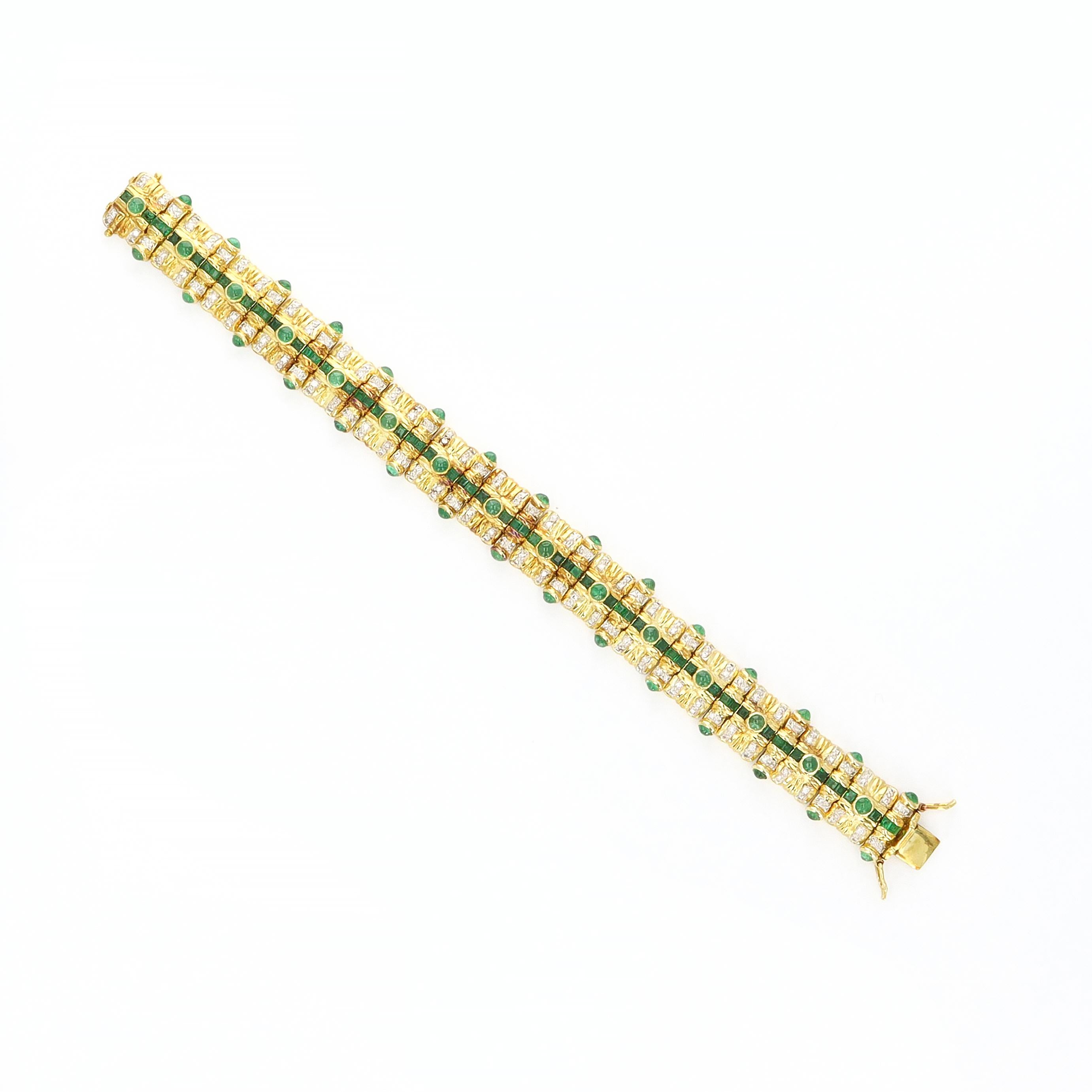 14 KT Gold Emerald and Diamond Bracelet In Excellent Condition In NEW ORLEANS, LA