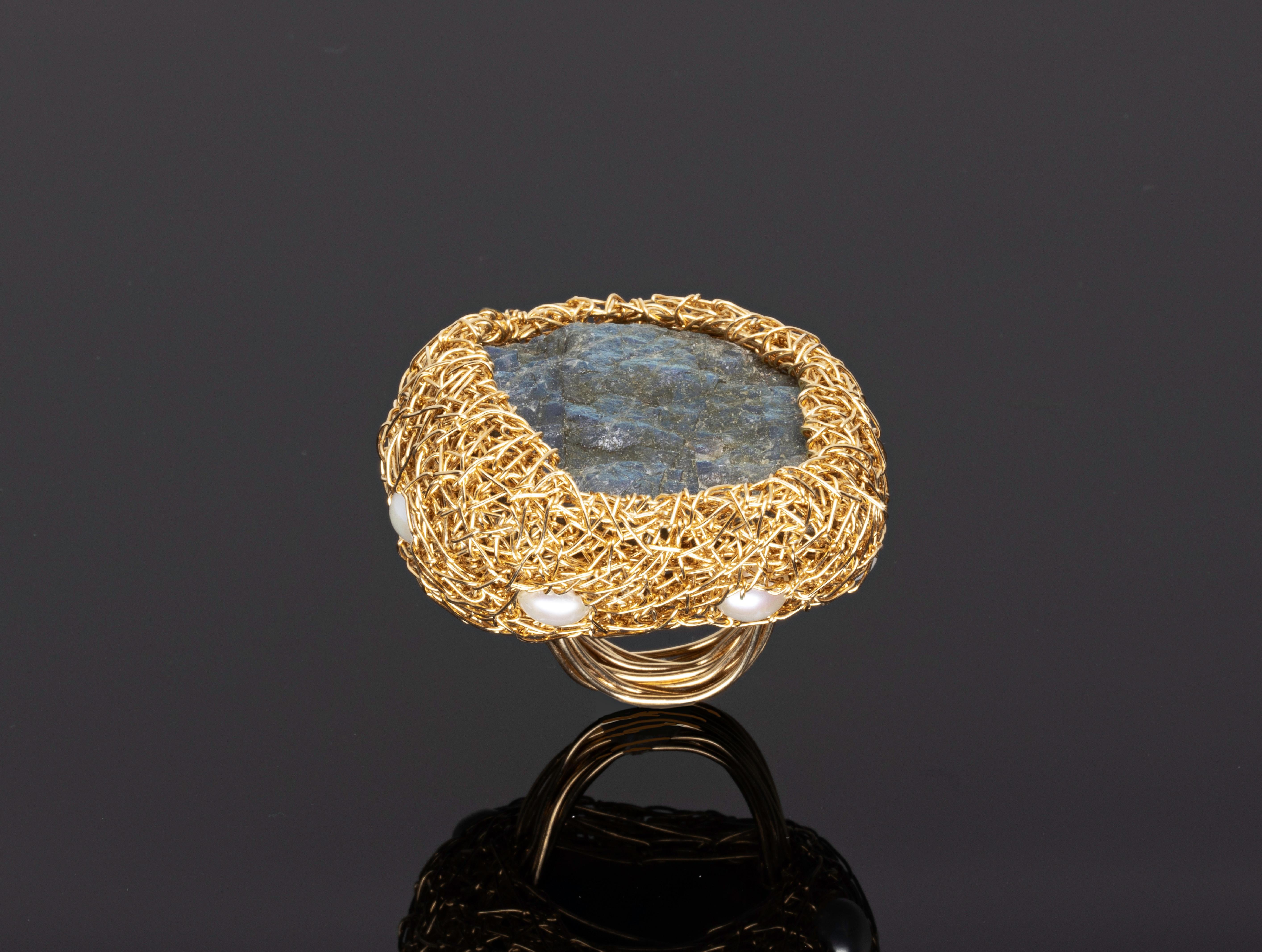 Contemporary 14kt Gold F. Raw Iridescent Labradorite & Pearl Cocktail Artist Statement Ring  For Sale