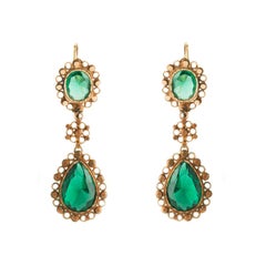 14 Kt Gold Pendant Earrings with Green Glass Pastes from Early 1900s, Sicily