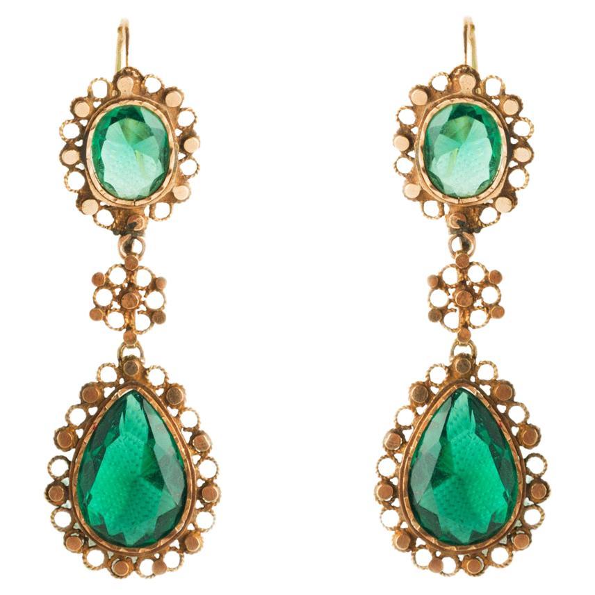 14 Kt Gold Pendant Earrings with Green Glass Pastes from Early 1900s, Sicily For Sale