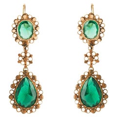 14 Kt Gold Pendant Earrings with Green Glass Pastes from Early 1900s, Sicily