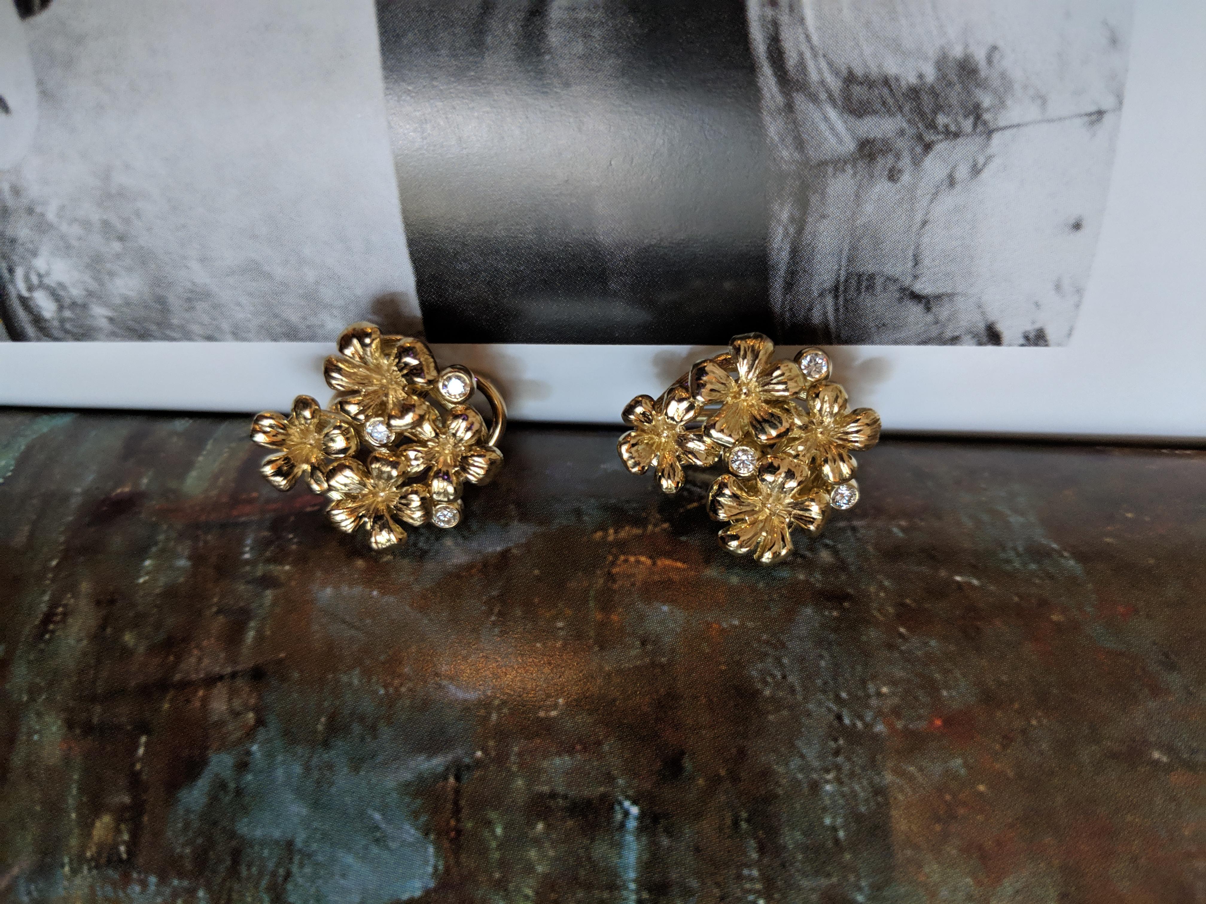 Artist Yellow Gold Plum Flowers Contemporary Stud Earrings with Diamonds and Topazes For Sale