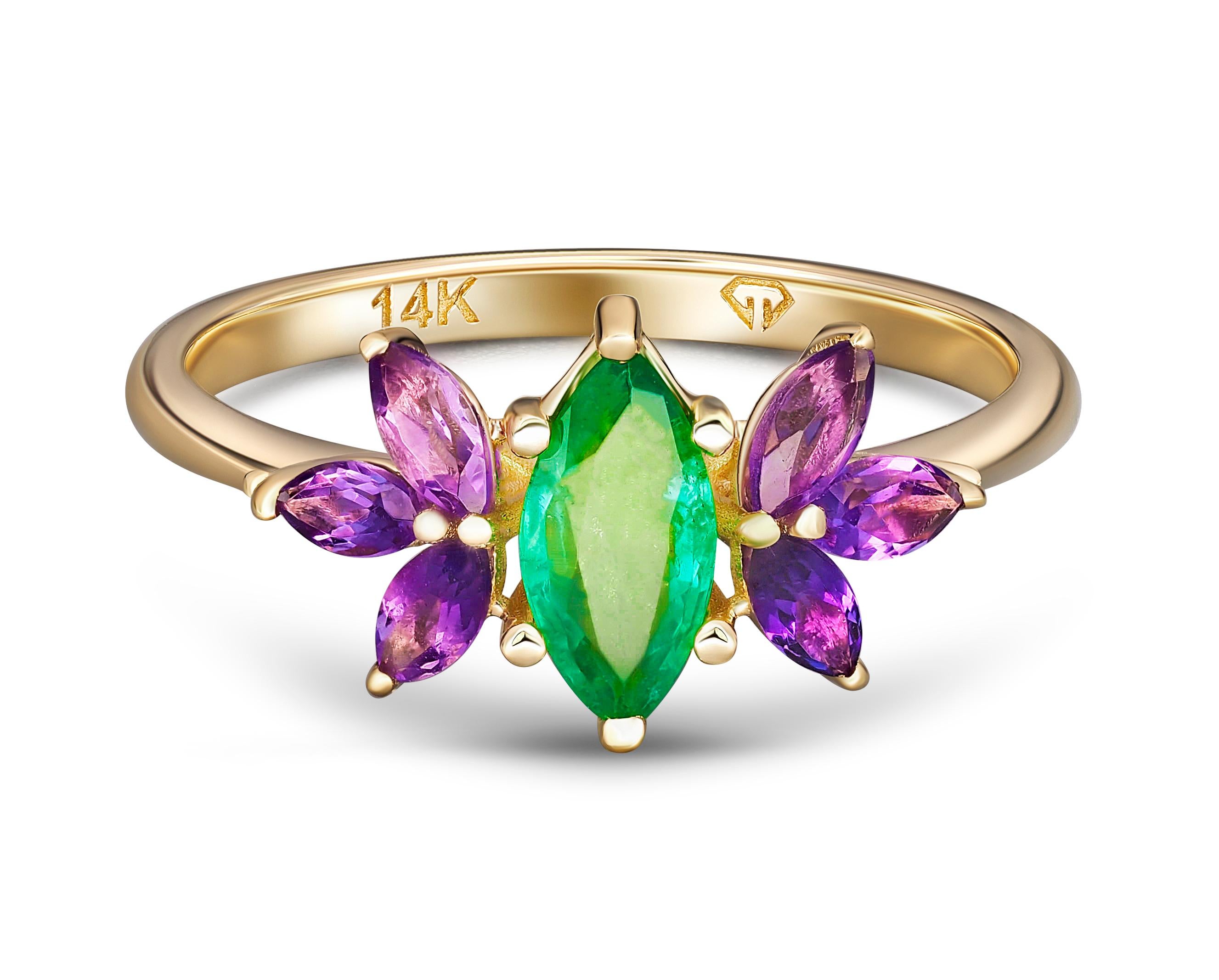 14 kt. Gold - Ring - 0.70 ct Emerald - Amethysts.
Total weight: 1.7 g. depend from size
Metal: 14k gold

Weight: 2.2 g.
Size 17.3 (55, 7.5)
Set with emerald, color - green
Marquise cut, 0.70 ct. in total.
Clarity: Transparent with