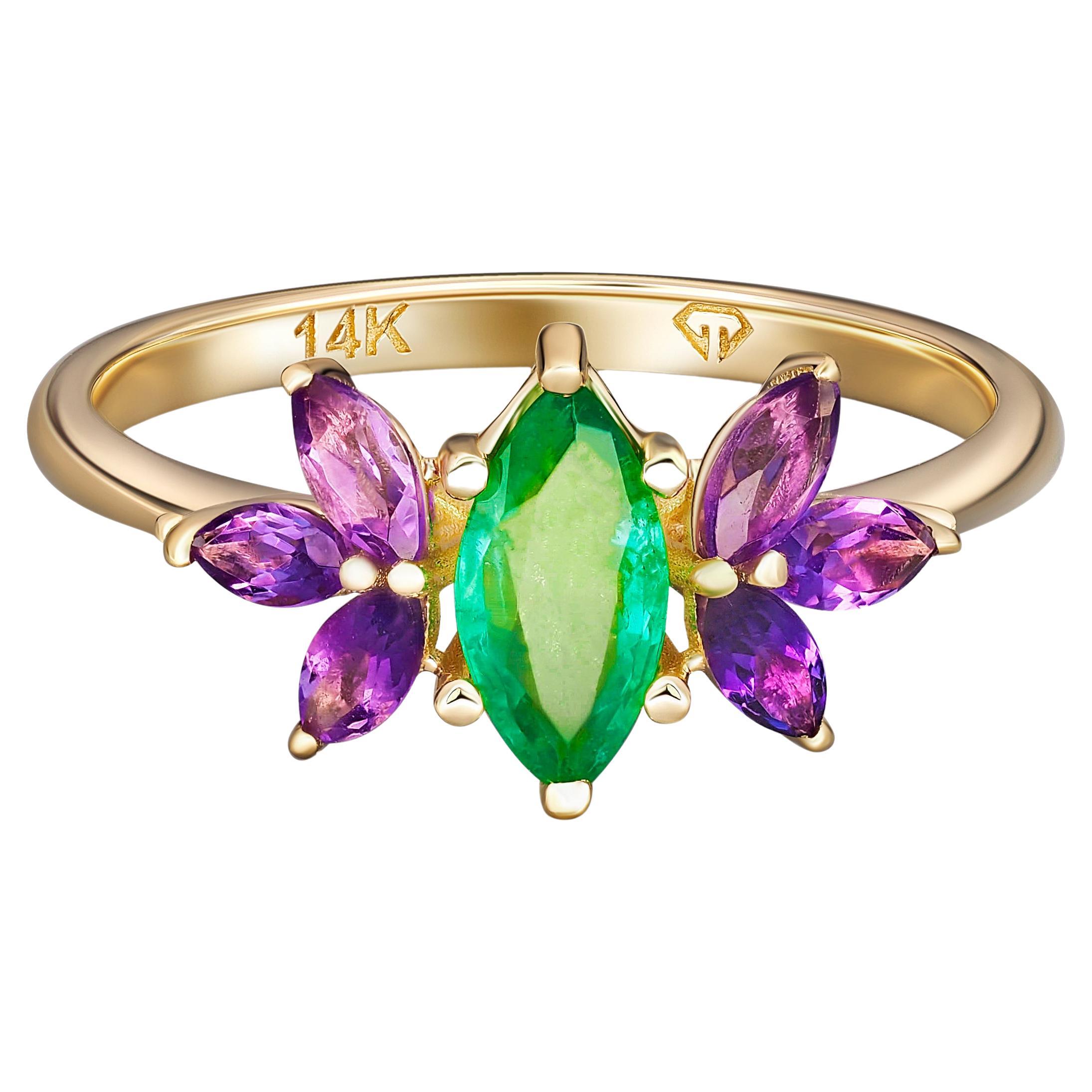 14 kt. Gold Ring  0.70 ct Emerald  Amethysts. For Sale