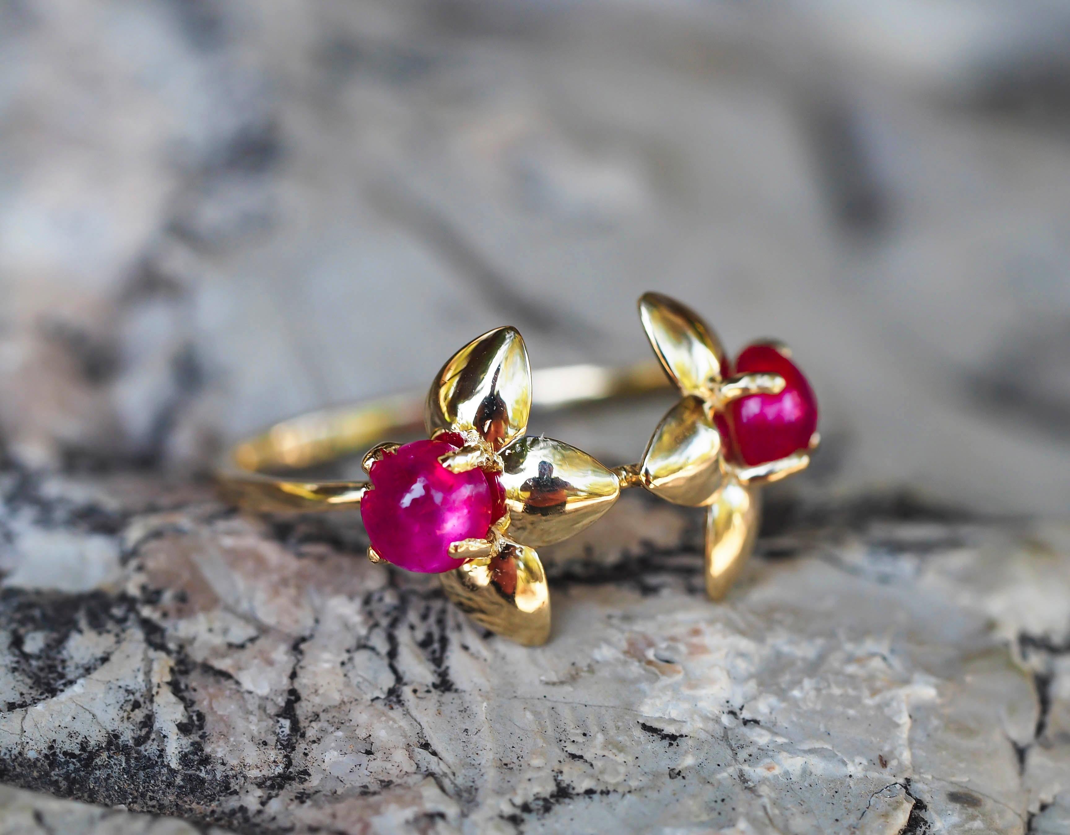 For Sale:  14 Kt Gold Ring with 2 Rubies, 3 Petal Flower Gold Ring, Trillium Ring 10