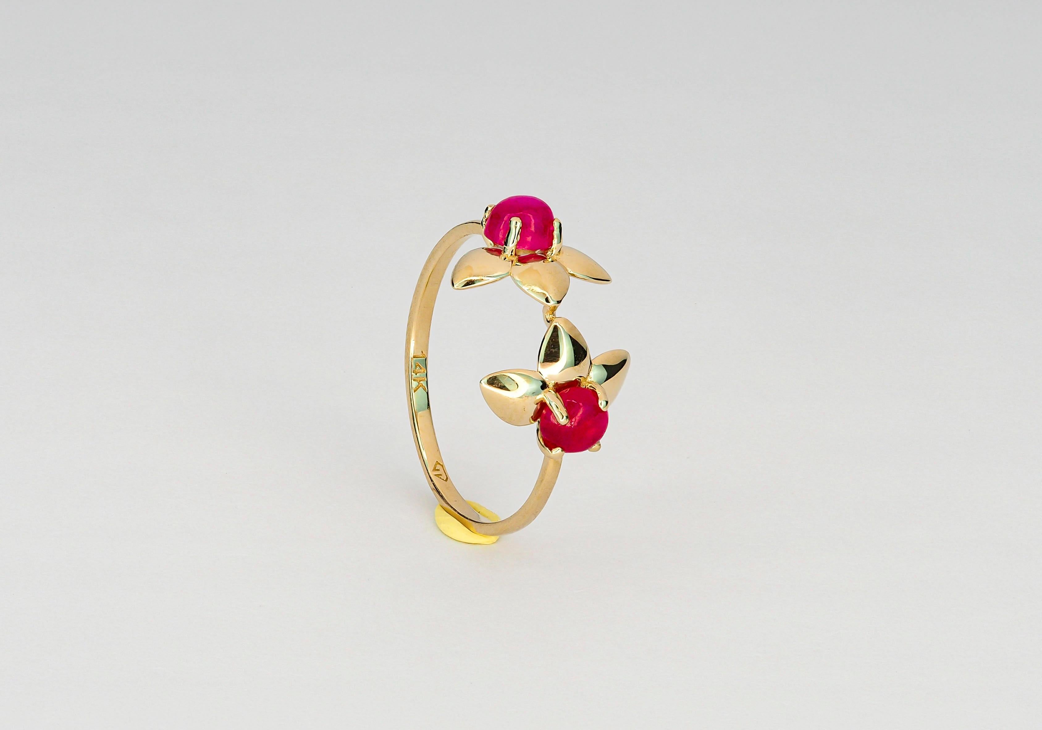 For Sale:  14 Kt Gold Ring with 2 Rubies, 3 Petal Flower Gold Ring, Trillium Ring 2
