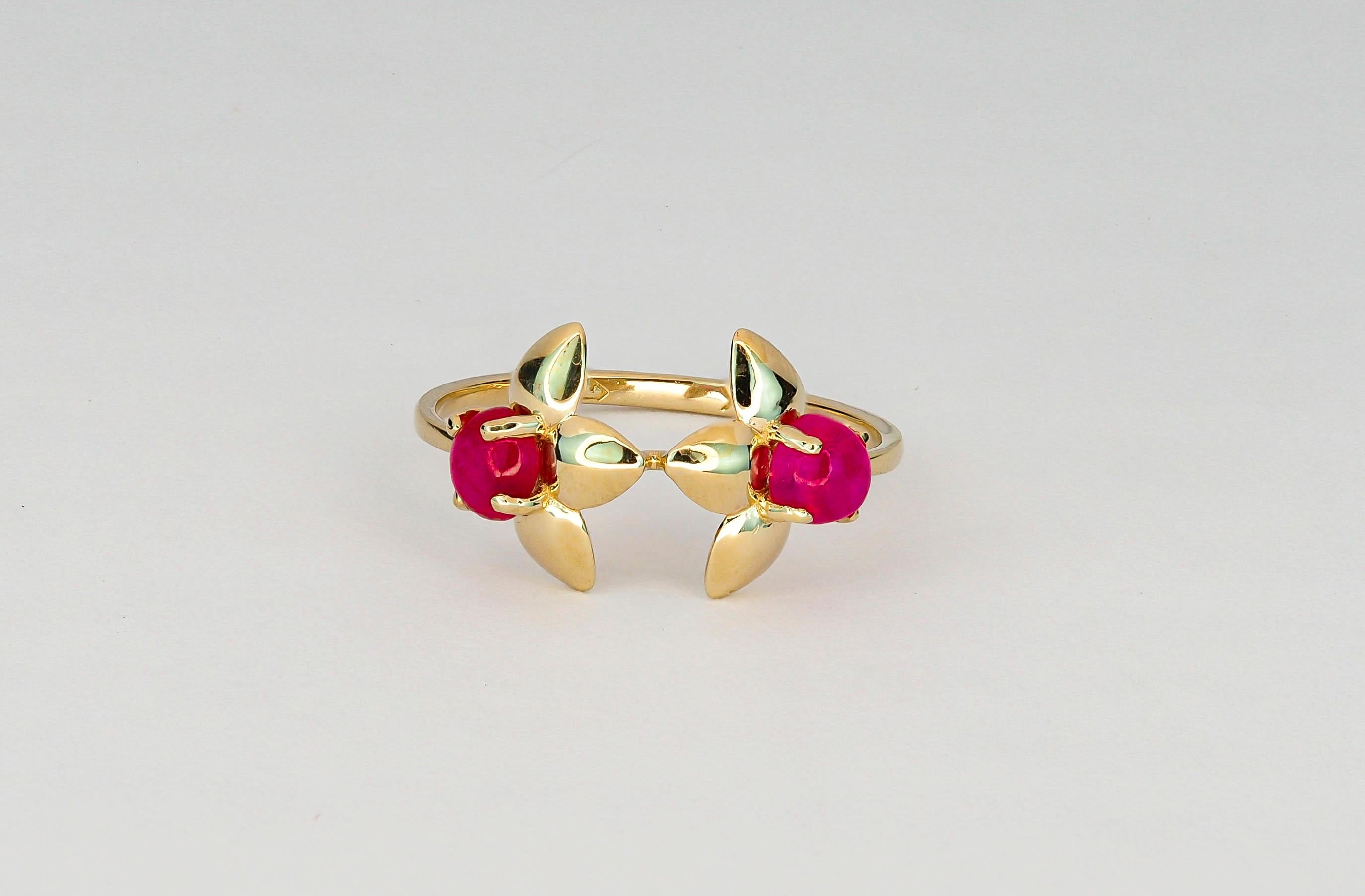 For Sale:  14 Kt Gold Ring with 2 Rubies, 3 Petal Flower Gold Ring, Trillium Ring 4