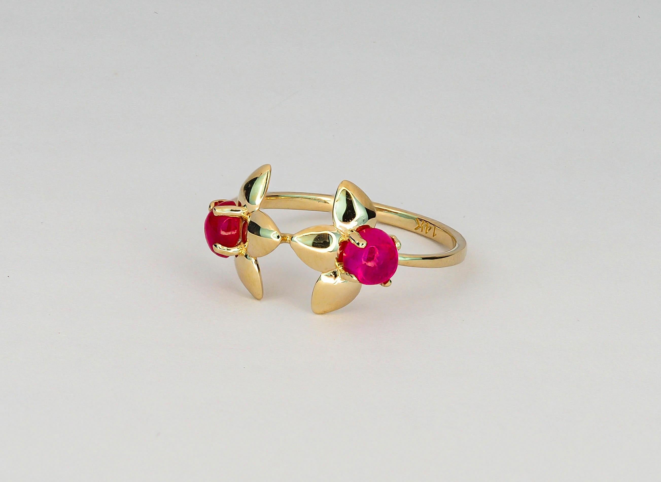 For Sale:  14 Kt Gold Ring with 2 Rubies, 3 Petal Flower Gold Ring, Trillium Ring 5