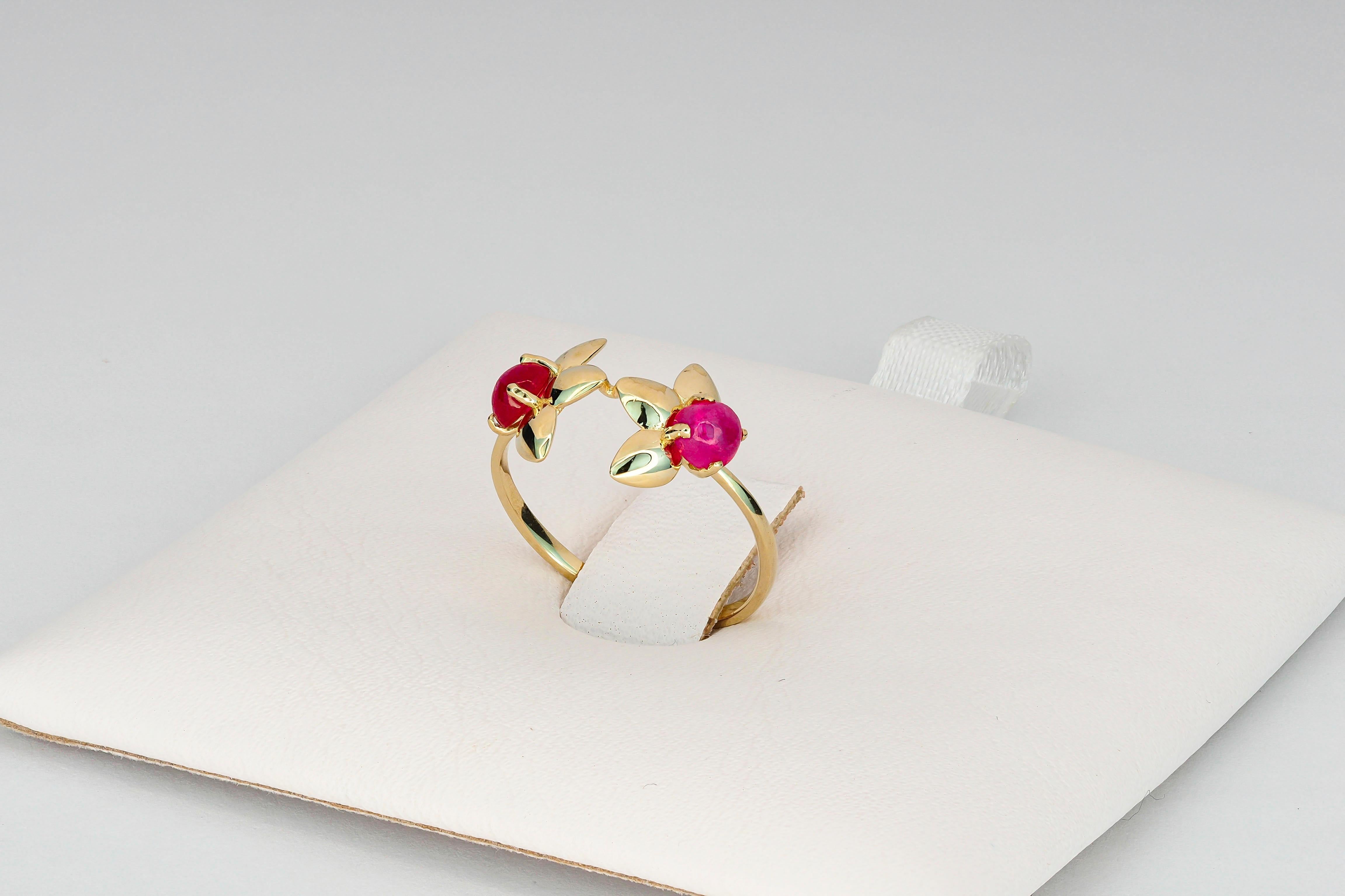 For Sale:  14 Kt Gold Ring with 2 Rubies, 3 Petal Flower Gold Ring, Trillium Ring 7