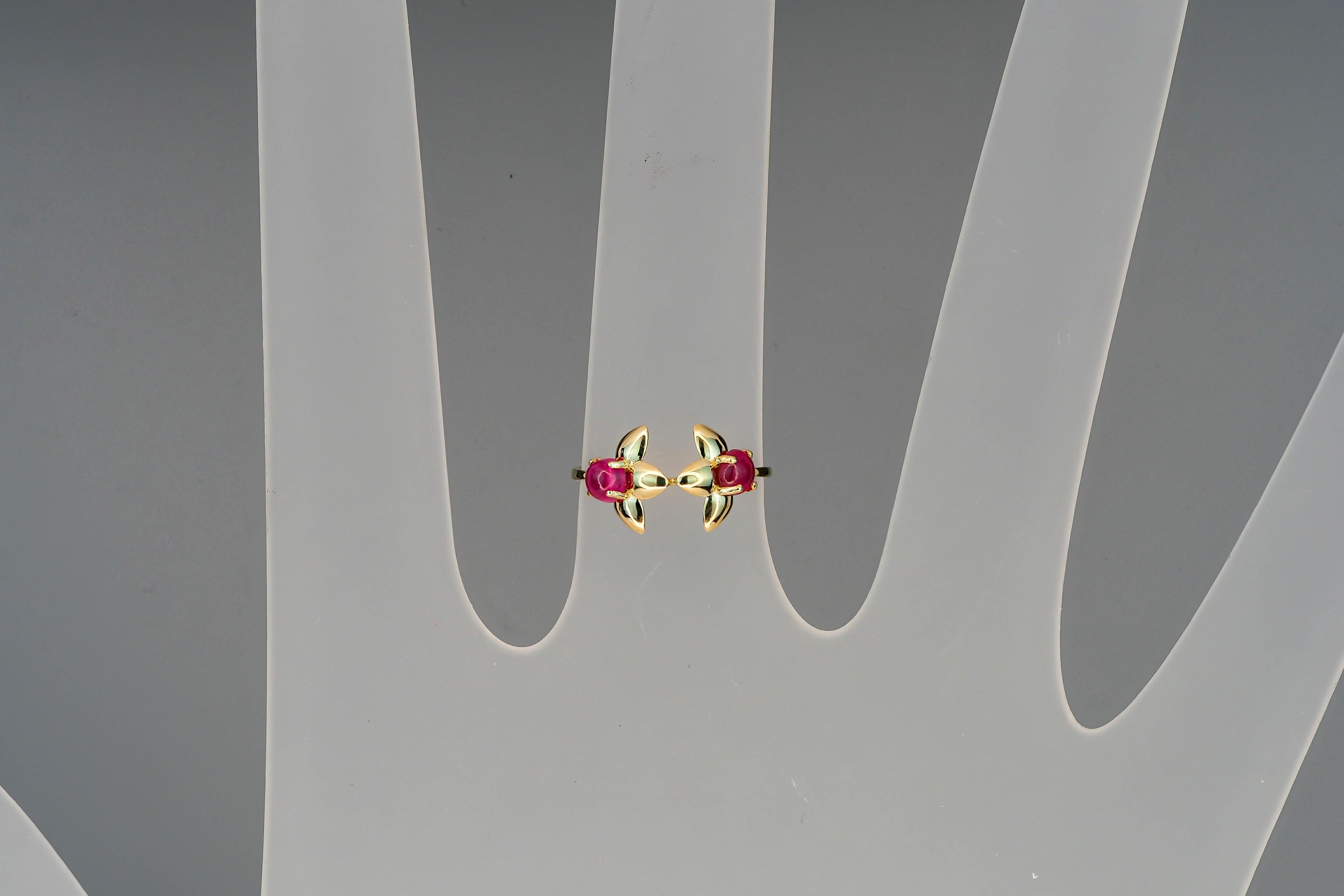 For Sale:  14 Kt Gold Ring with 2 Rubies, 3 Petal Flower Gold Ring, Trillium Ring 9