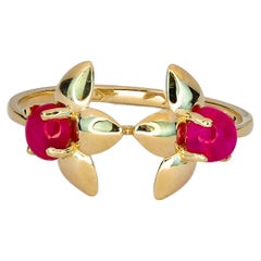 14 Kt Gold Ring with 2 Rubies, 3 Petal Flower Gold Ring, Trillium Ring
