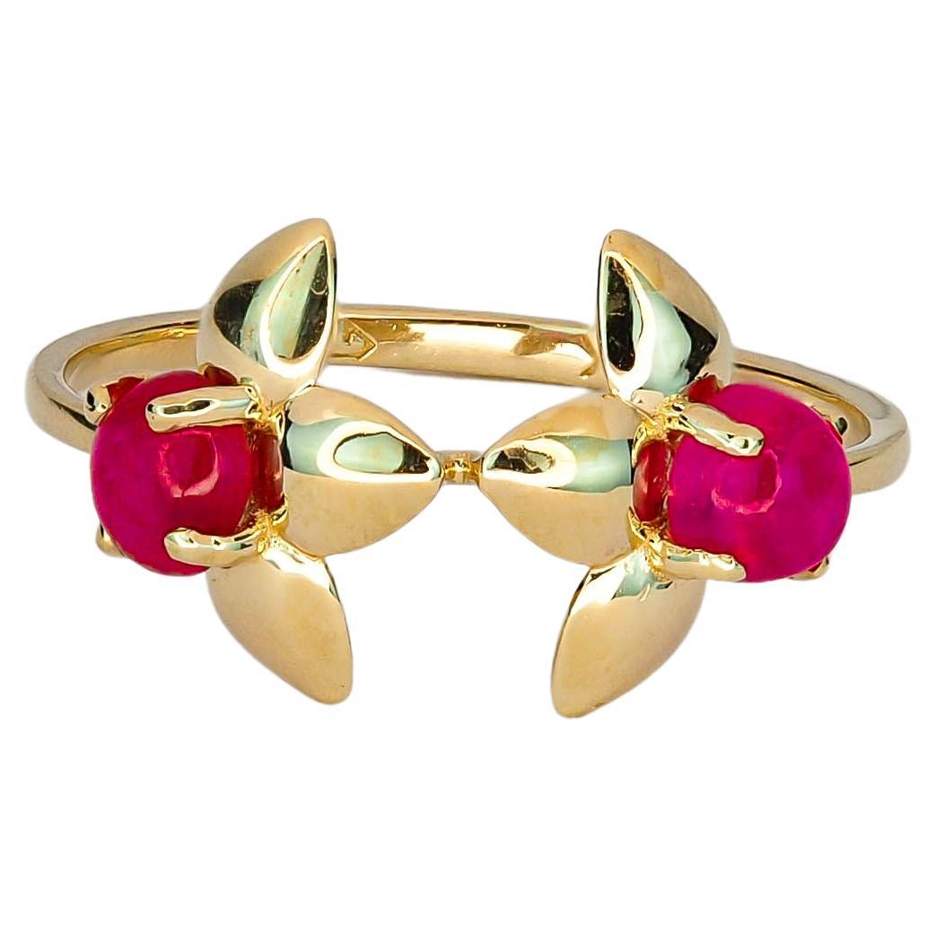 14 Kt Gold Ring with 2 Rubies, 3 Petal Flower Gold Ring, Trillium Ring