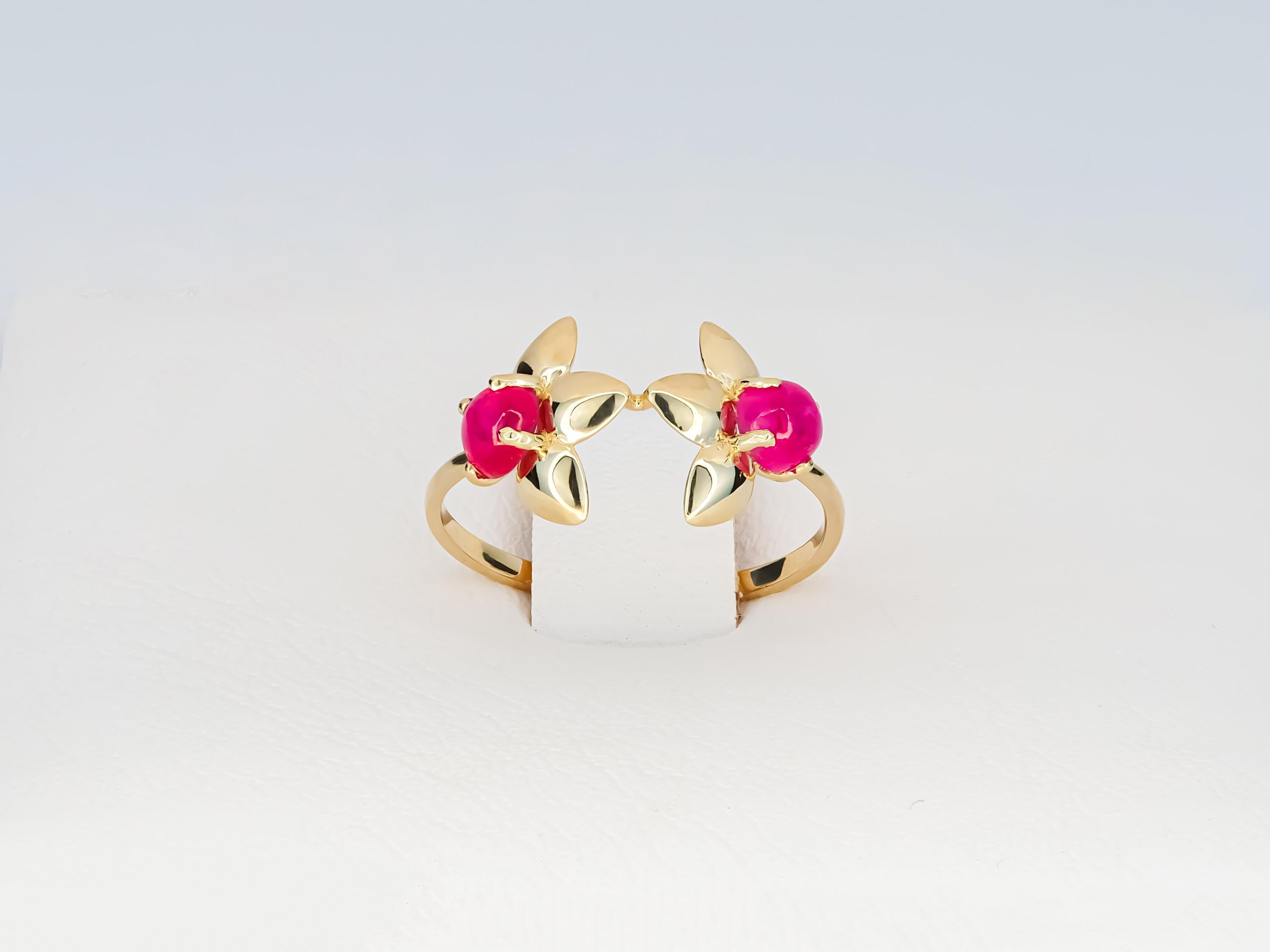 Women's 14 Karat Gold Ring with 2 Rubies, Flower Gold Ring. July birthstone ruby ring