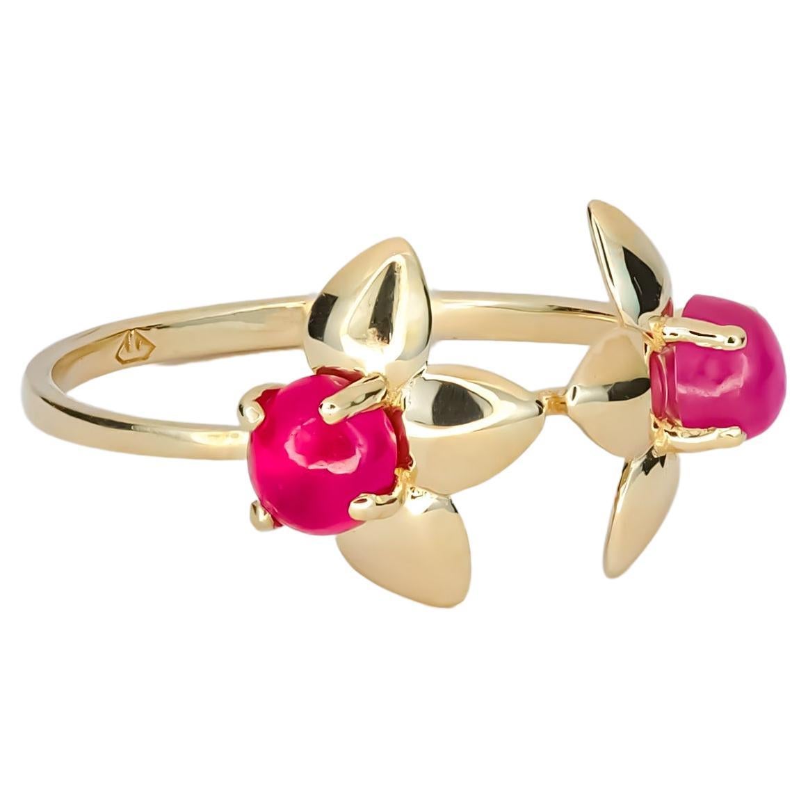 14 Karat Gold Ring with 2 Rubies, Flower Gold Ring. July birthstone ruby ring