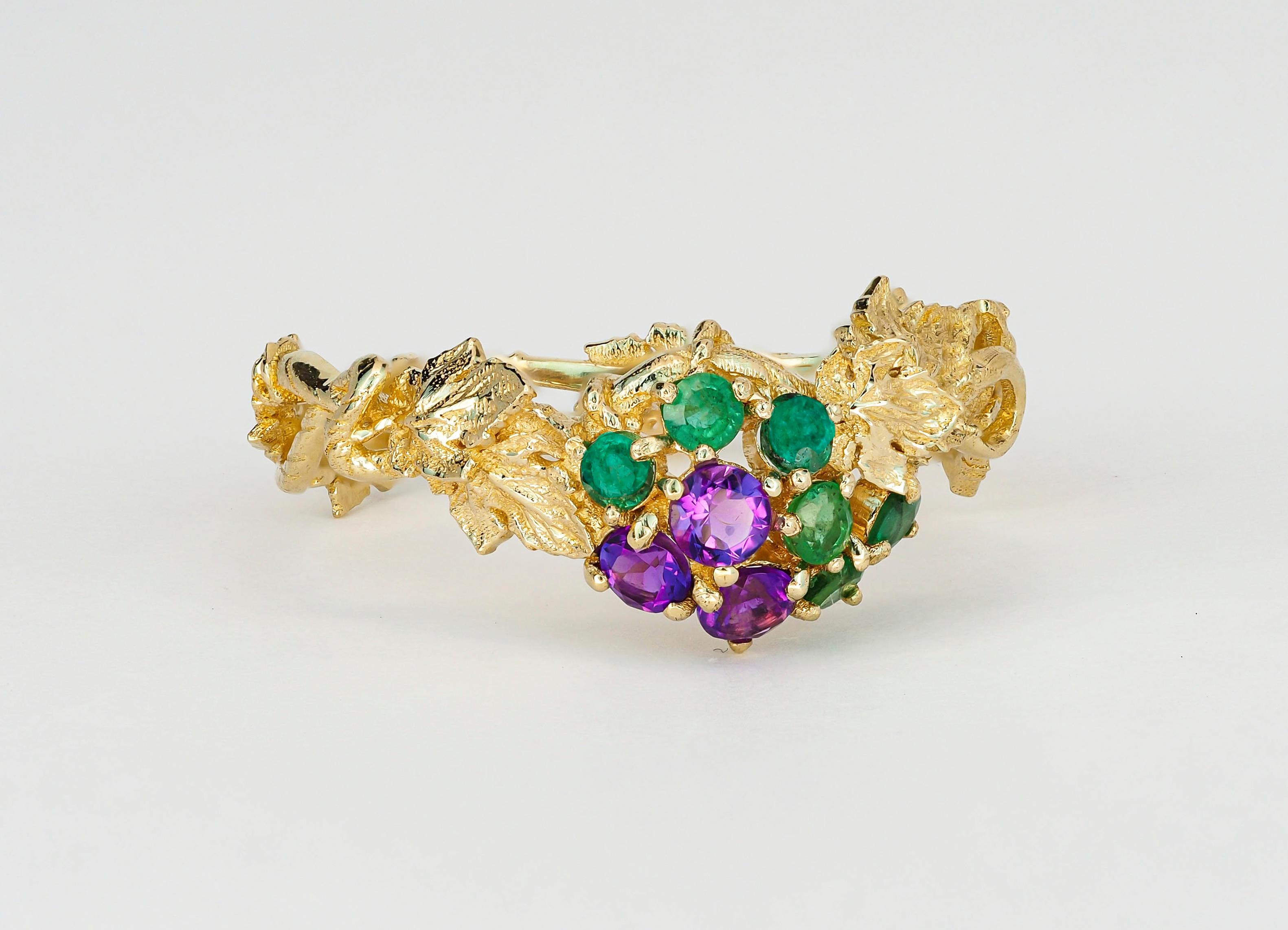 For Sale:  Amethysts and Emeralds 14k gold ring. Grape gold ring 3